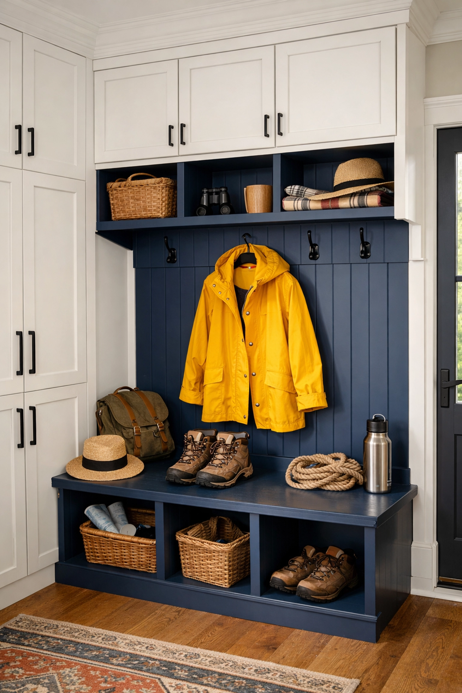 Highly organized mudroom in a Wayland home, representing freedom gained through residential cleaning.