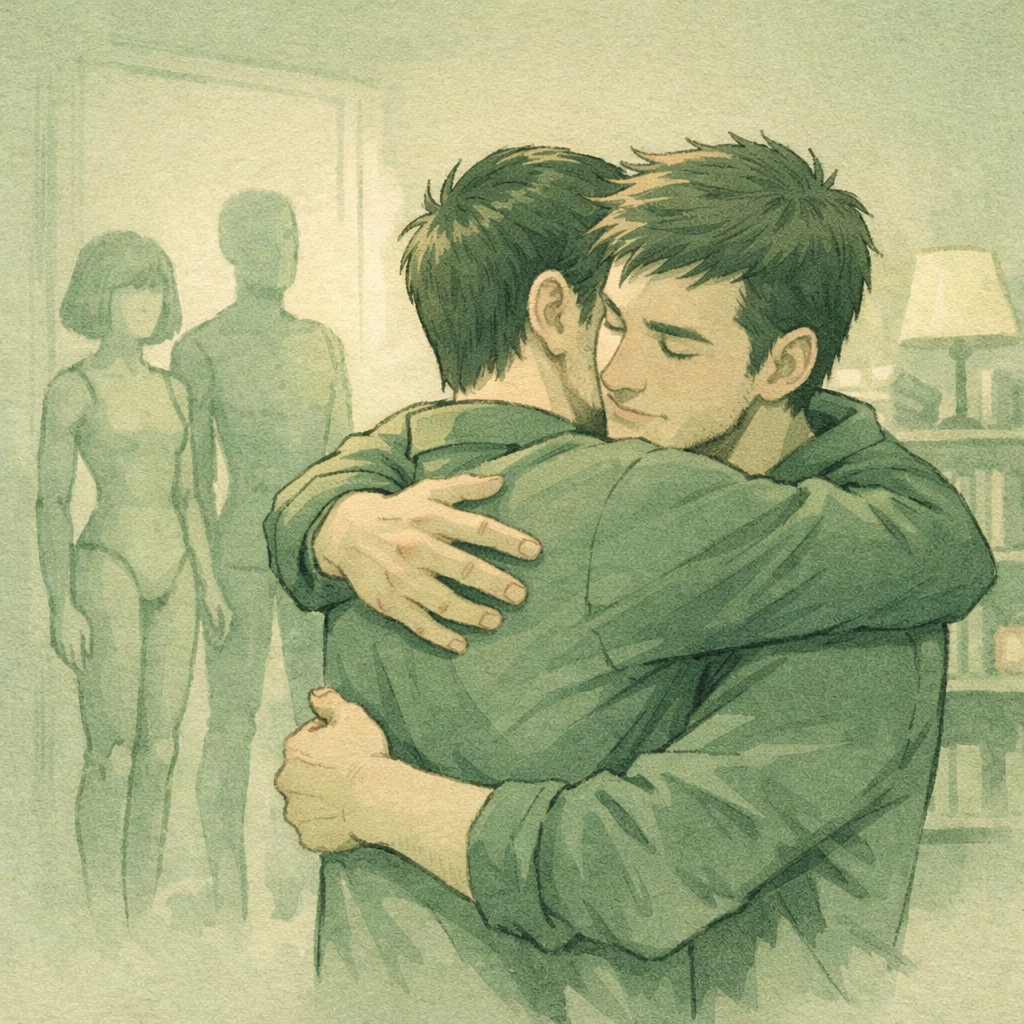 Gay couple embracing as they transition from dolls to authentic connection