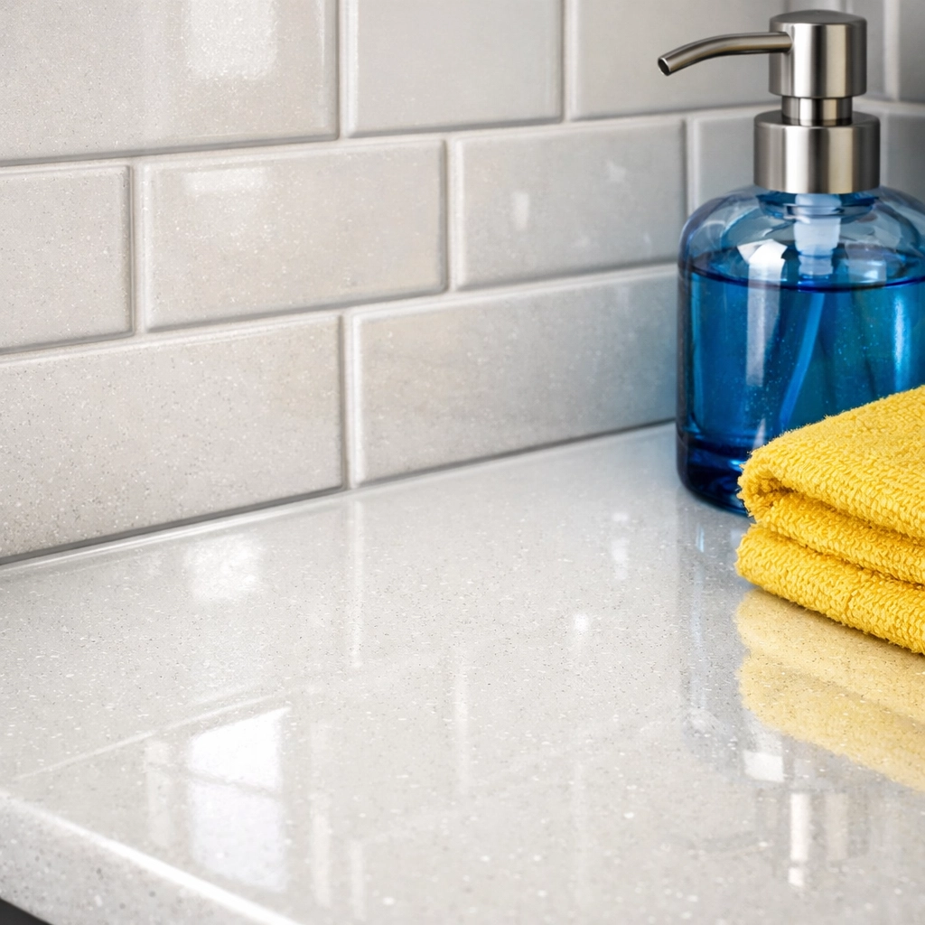 Clean quartz countertops and backsplash showing the results of professional residential cleaning.