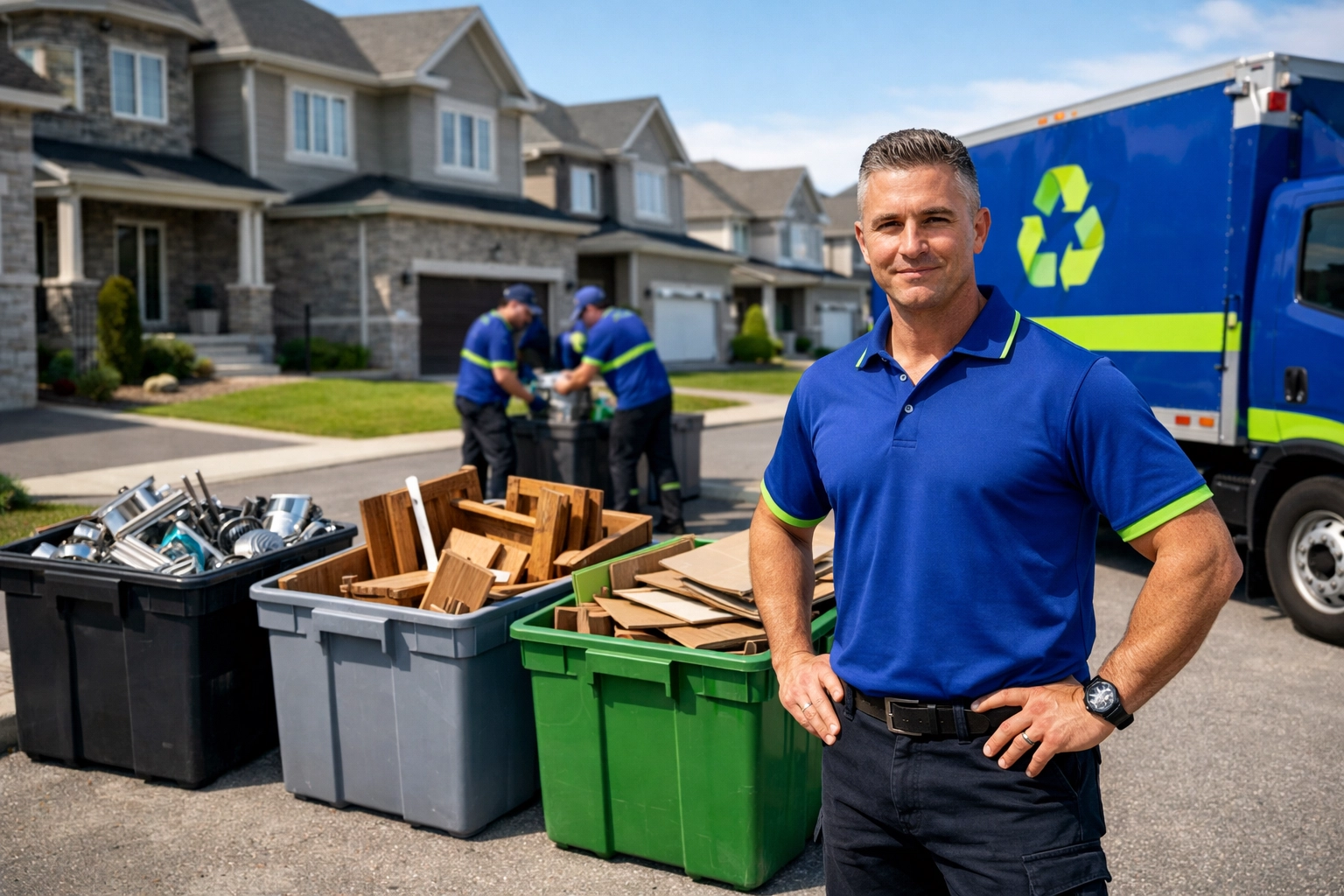 Junk GTA team sorting metal and cardboard for eco-friendly junk removal in Bradford.