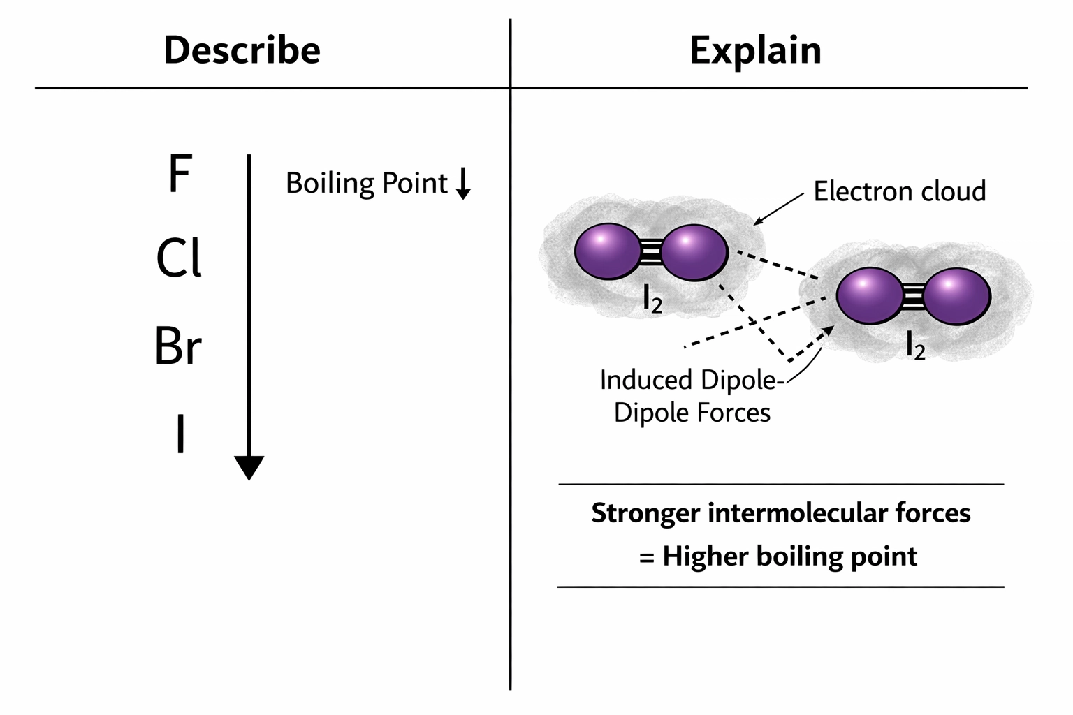 Chemistry diagram comparing 'Describe' and 'Explain' using halogen trends and London forces.