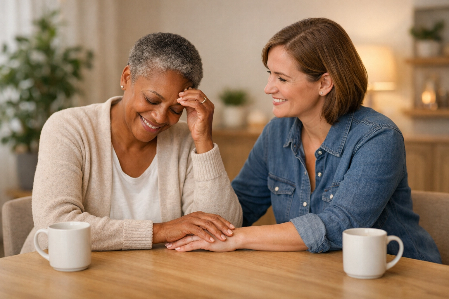 Relieved couple discussing loans 2500 bad credit options in a supportive home environment.