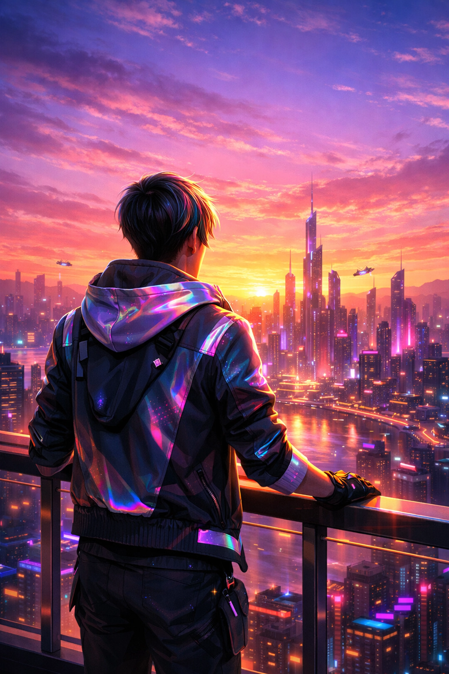 A person looking at a futuristic city skyline, symbolizing a hopeful and visionary queer future.
