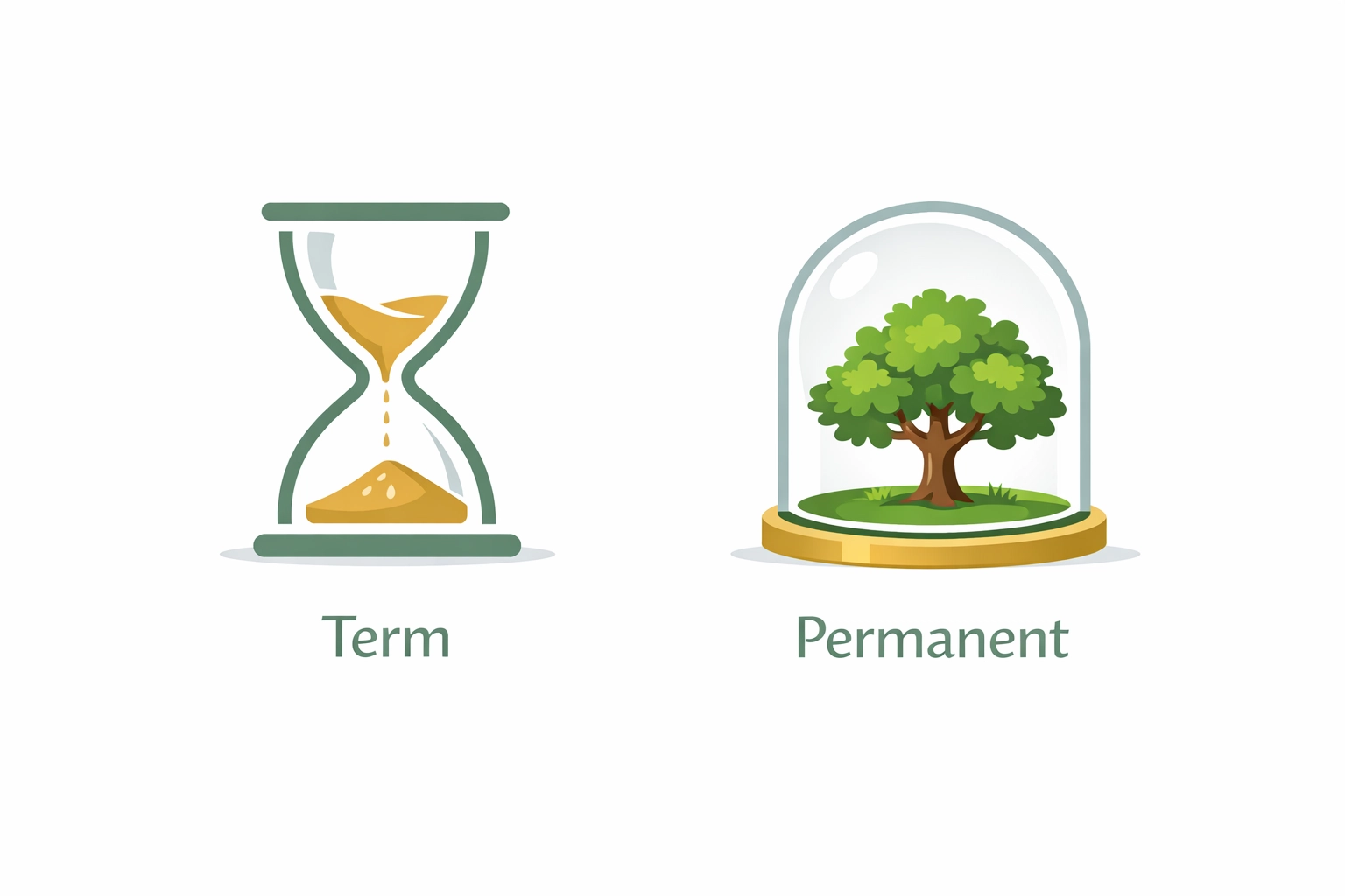 Visual icons comparing term life insurance as an hourglass and permanent life insurance as a growing tree.