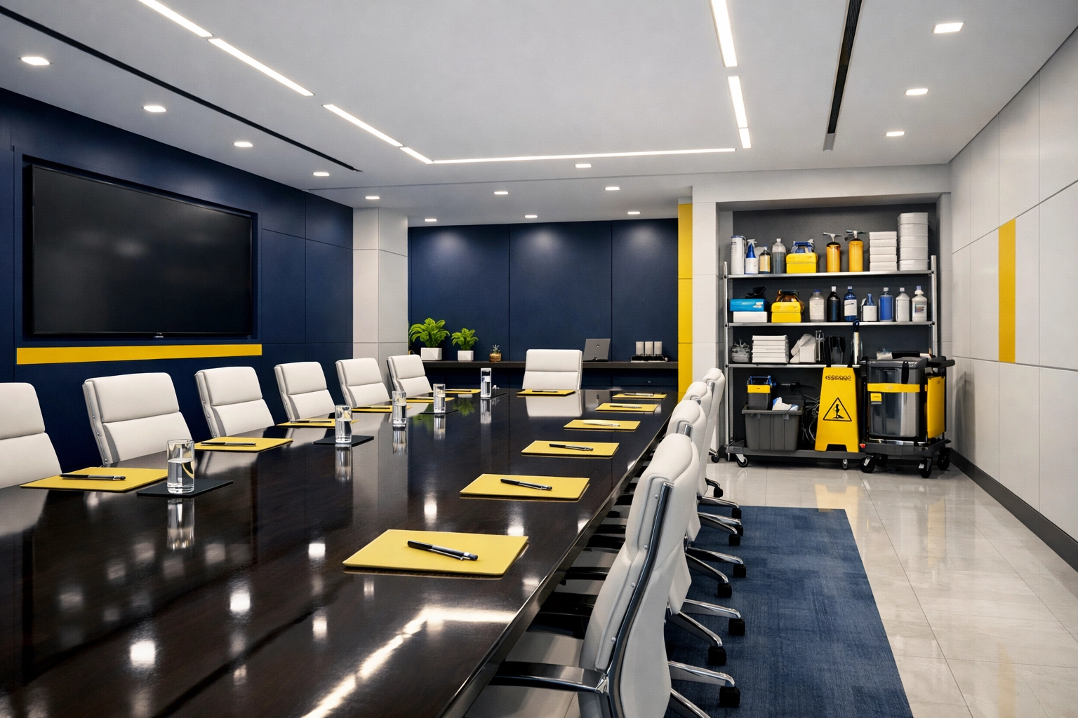 Clean corporate conference room in Boxborough showcasing the results of high-quality office cleaning services.