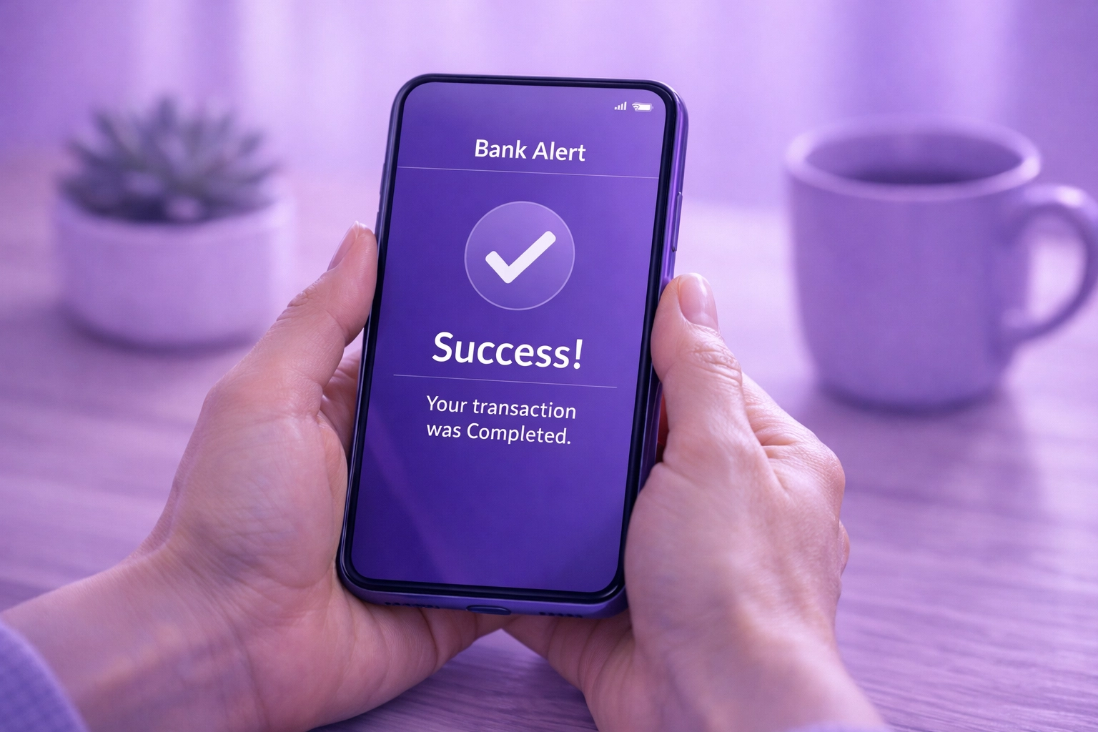 Person viewing a banking success notification on a phone, avoiding Canadian NSF fees.