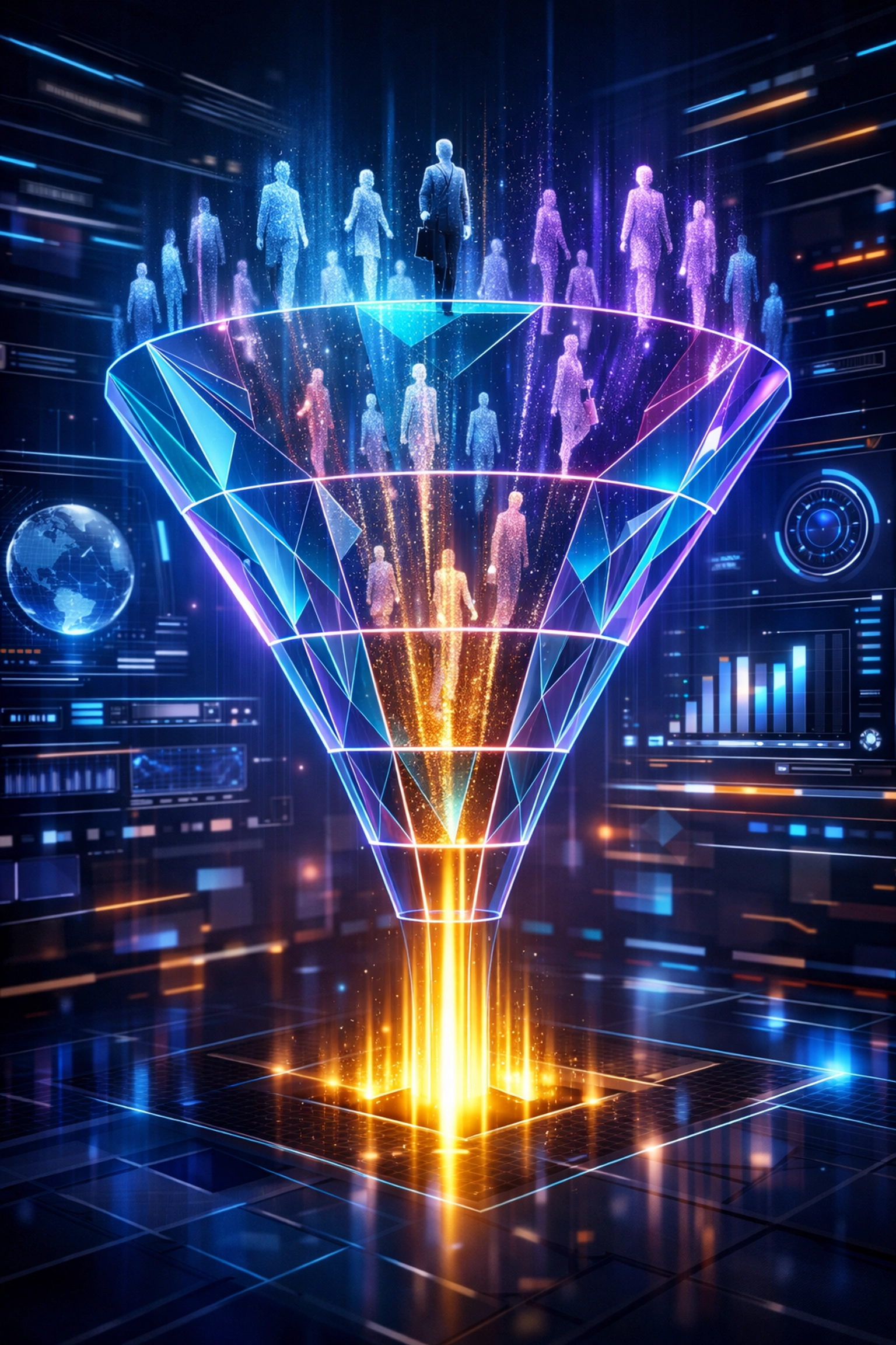 A glowing digital talent funnel representing high school tech recruitment and workforce development strategies.
