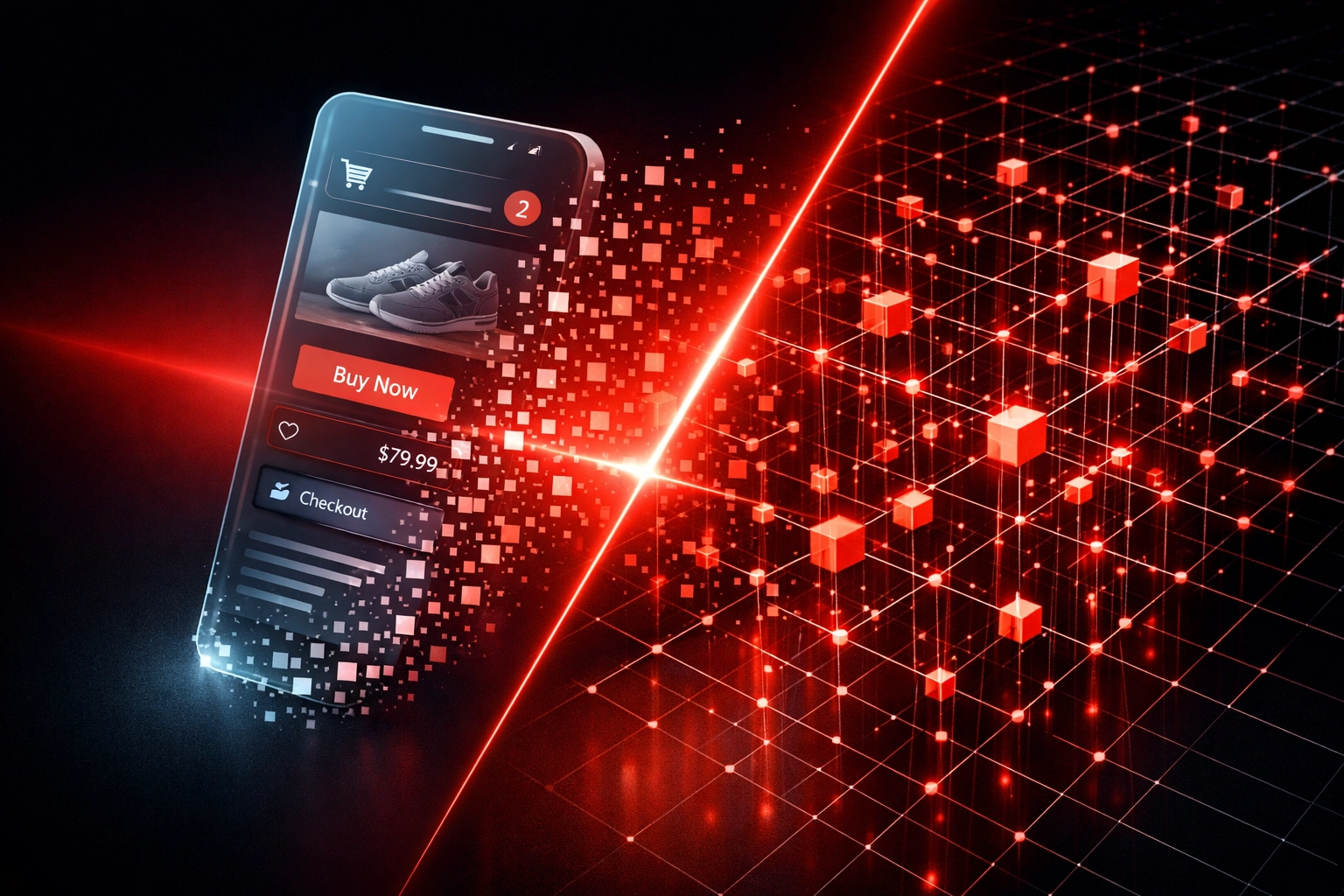 E-commerce interface transforming into glowing red machine-readable data for AI agent discovery.