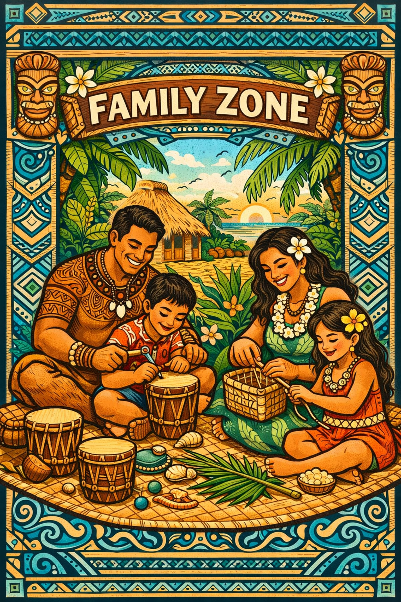 Family enjoying cultural crafts and activities in the Talofa Fest Family Zone for kids in Las Vegas.