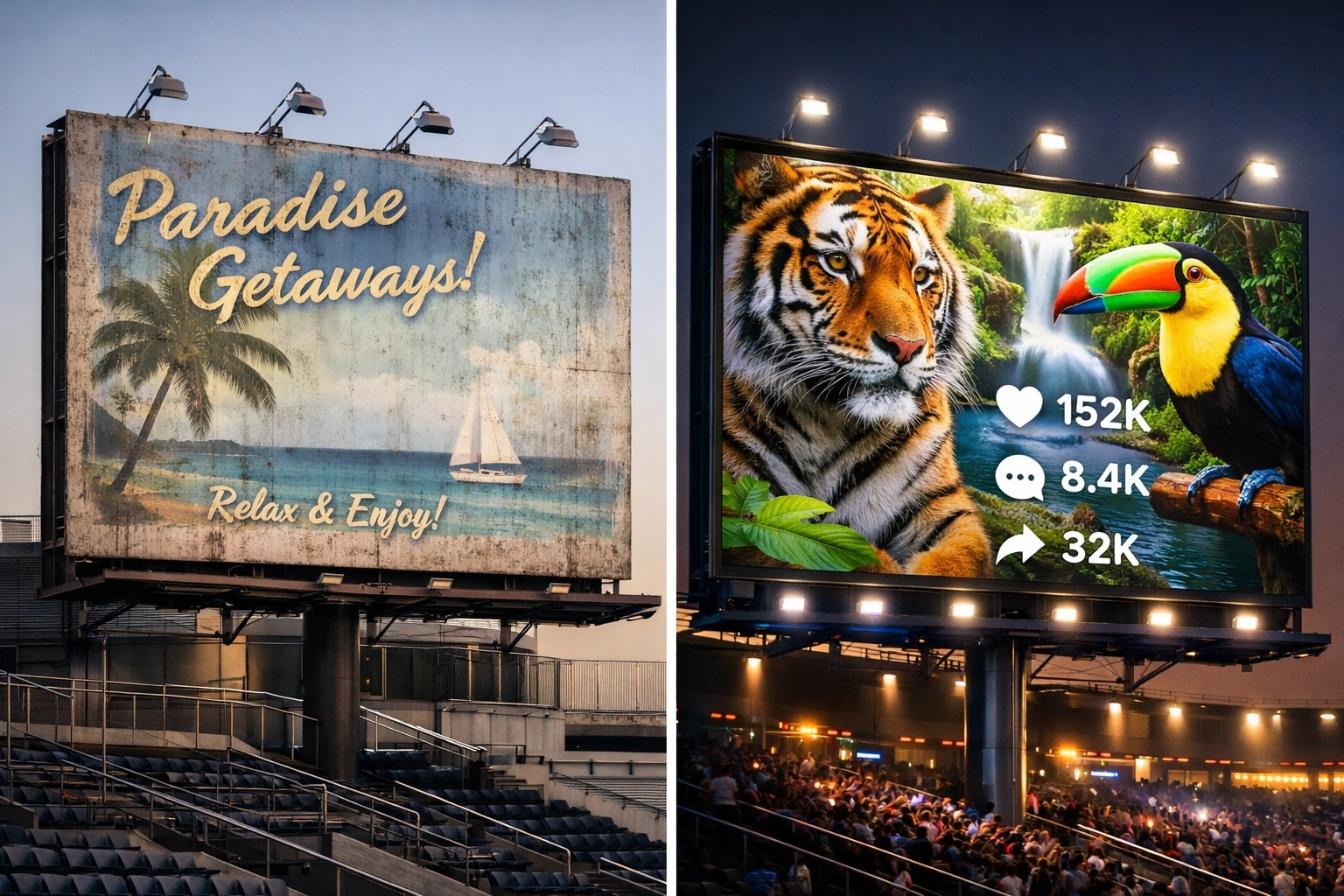Comparison of traditional static billboard versus modern LED display for venue advertising