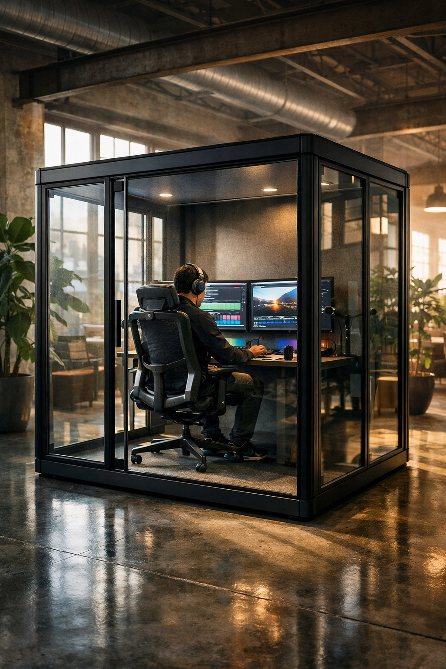 Modern glass-and-steel content creator pod featuring dual monitors and professional editing equipment.