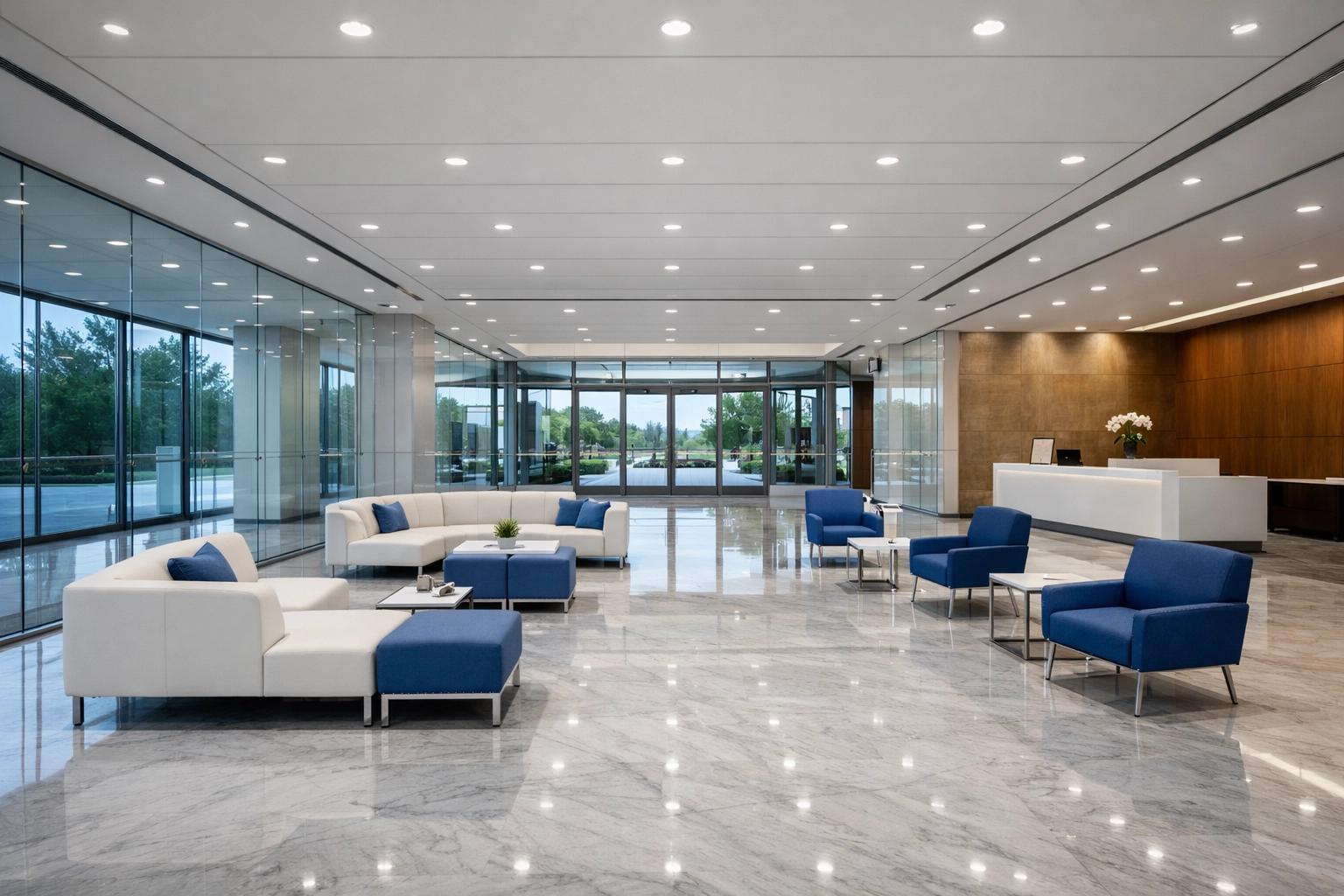 Pristine corporate lobby in Hopkinton showcasing professional janitorial standards and clean floors.