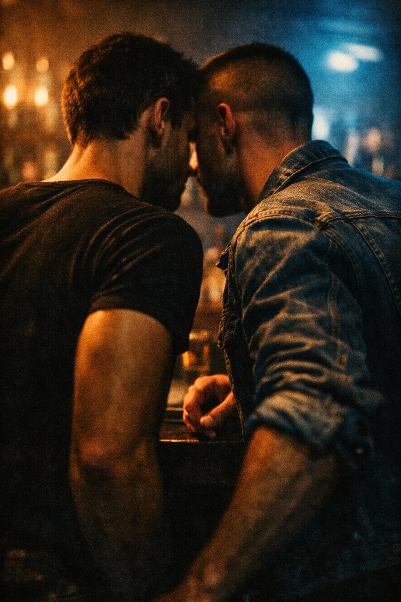 Two men communicating through body language in dimly lit gay bar cruising scene