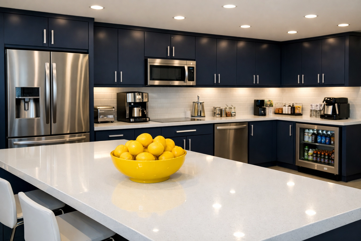 Sanitized office breakroom in Bedford with gleaming counters, promoting a healthy and productive workplace environment.