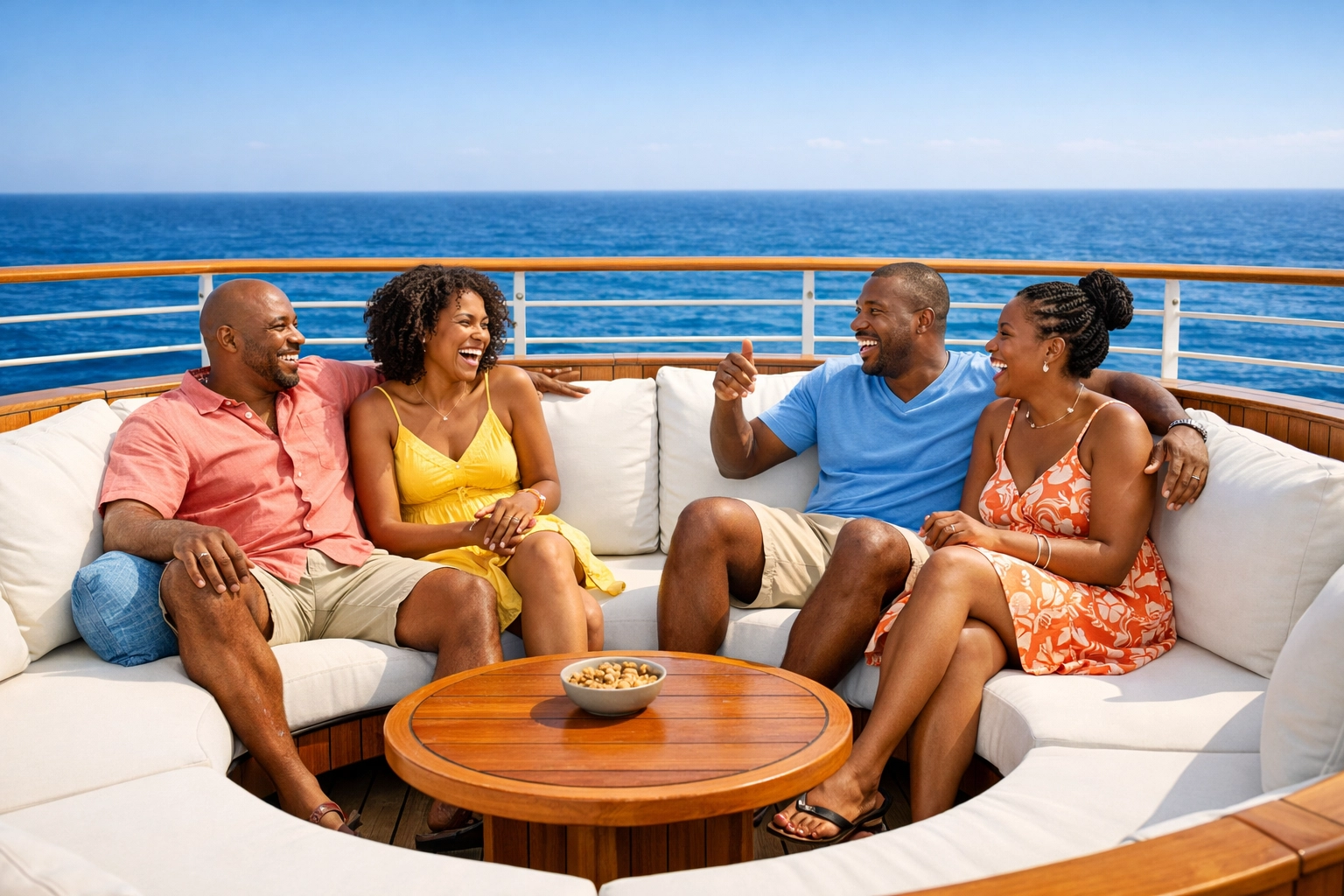 Friends relaxing in a luxury ship lounge, showing the social side of lifestyle cruises booking.