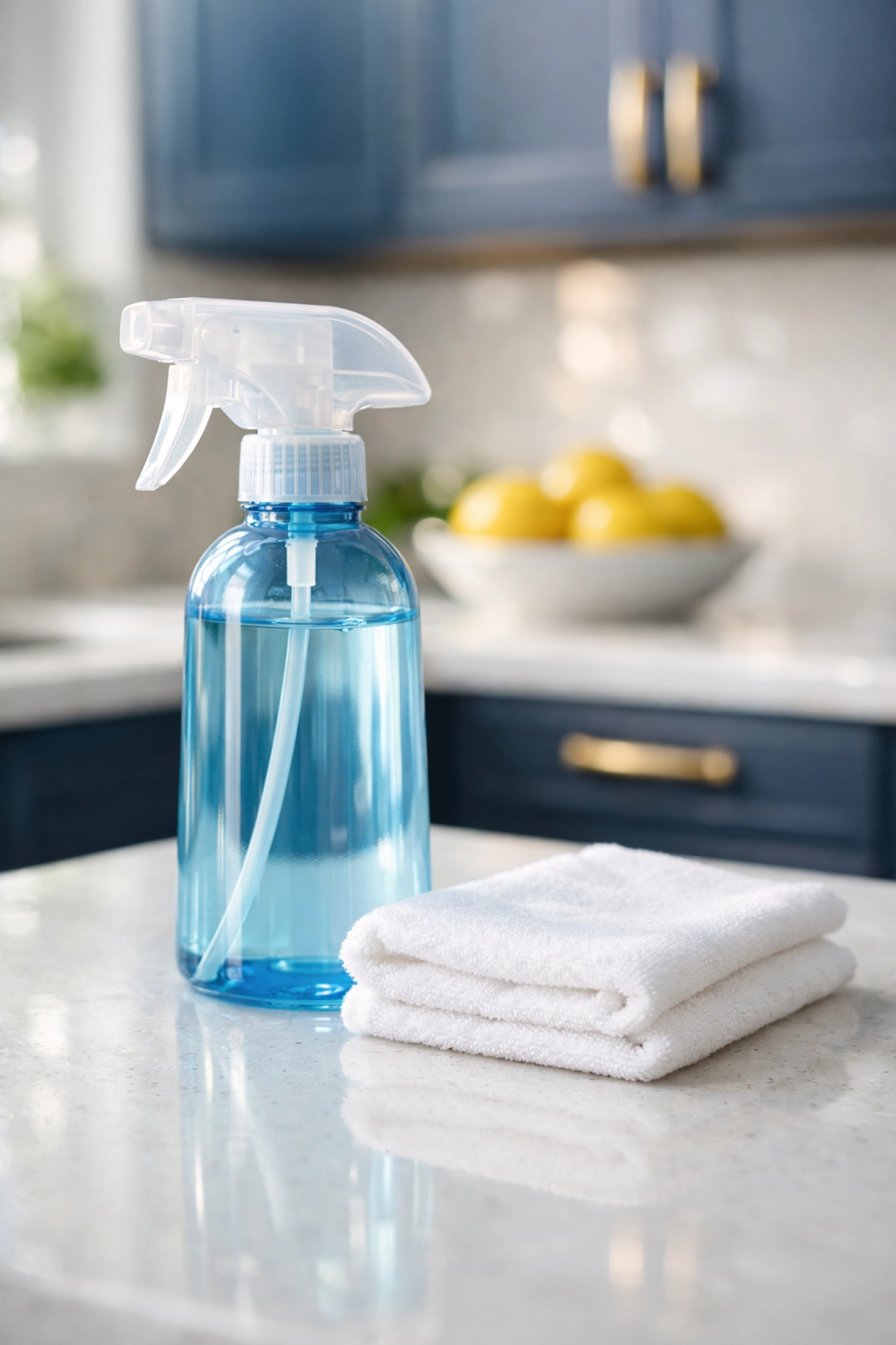 Eco-friendly Hingham estate cleaning supplies and microfiber cloth on a luxury white quartz kitchen island.