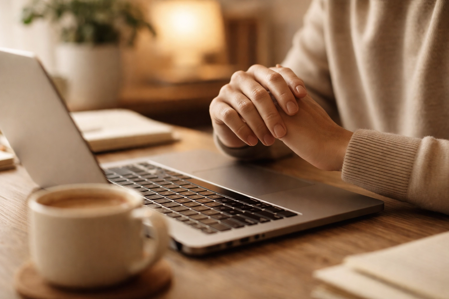 Hands hesitating over a laptop keyboard, symbolizing caution in posting about divorce on social media
