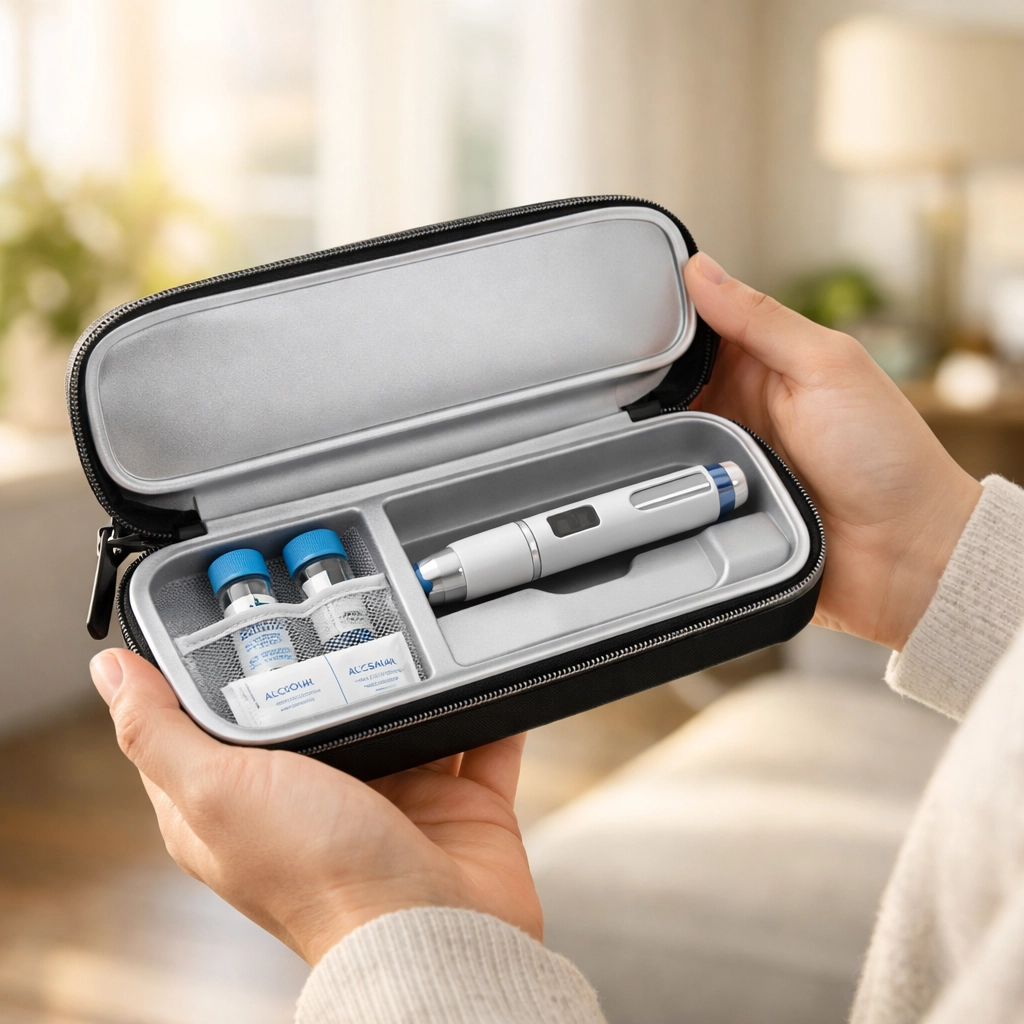 Hands holding a medical weight loss kit, showcasing the convenience of at-home Wegovy substitute treatment.