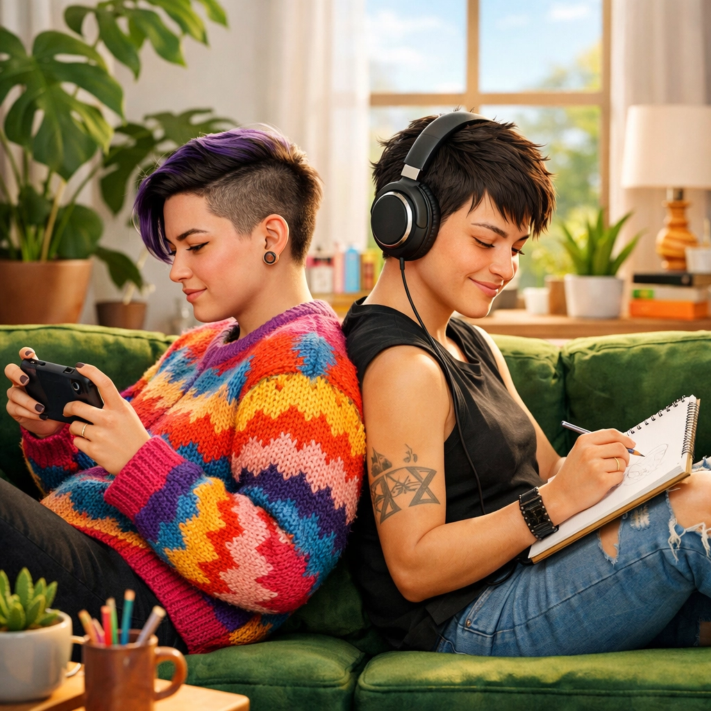 A queer couple engaging in parallel play, highlighting authenticity and neurodivergent comfort in LGBTQ+ dating.
