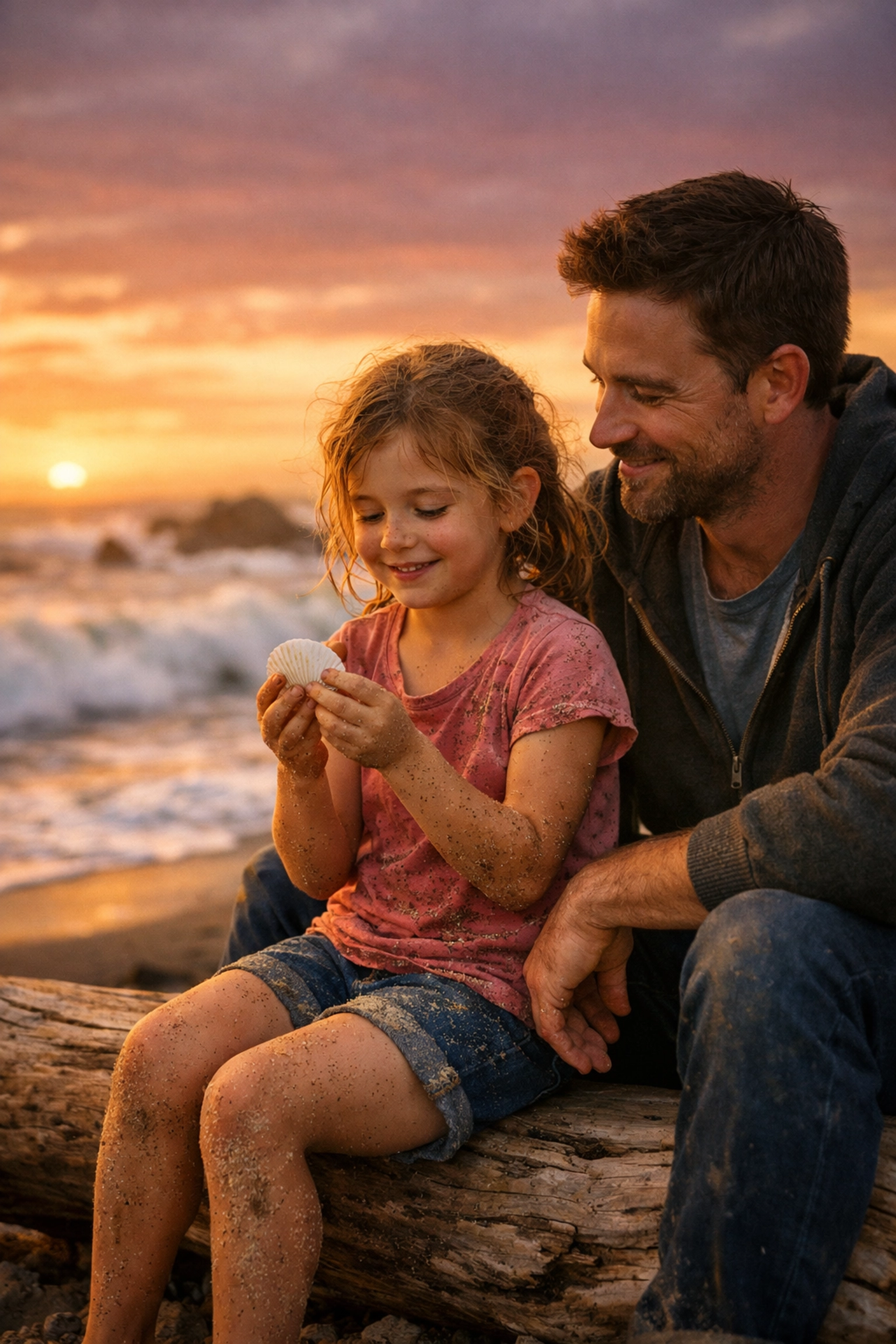 Father and daughter on a beach at sunset, capturing lasting travel memories during a family vacation.
