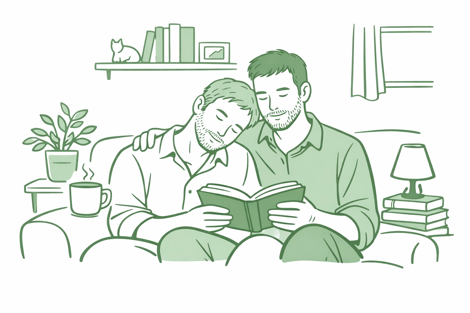 Mature MM couple sharing a quiet moment with a book, showing the peace of living an authentic life.