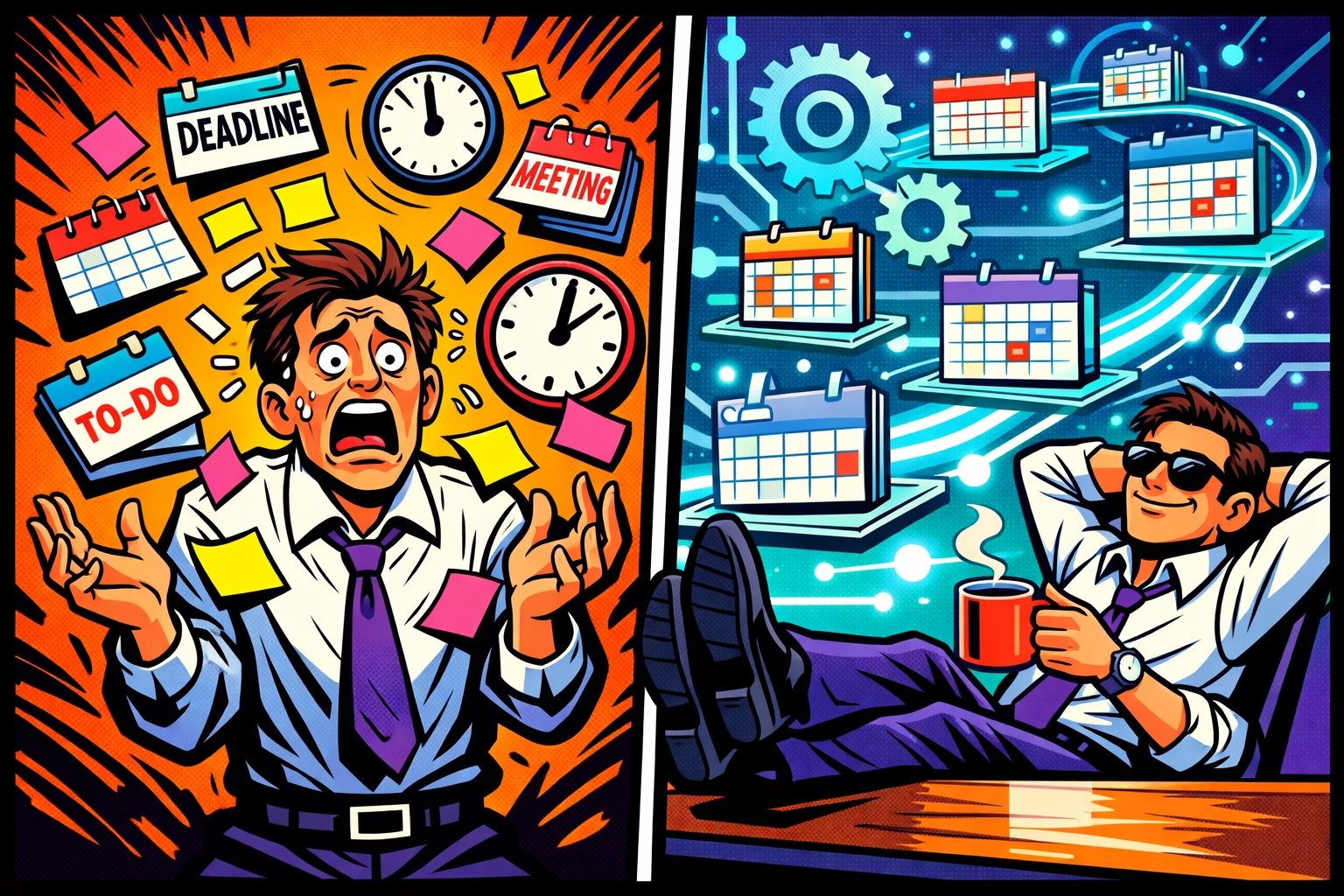 Before and after comparison of manual scheduling chaos versus automated workflow organization