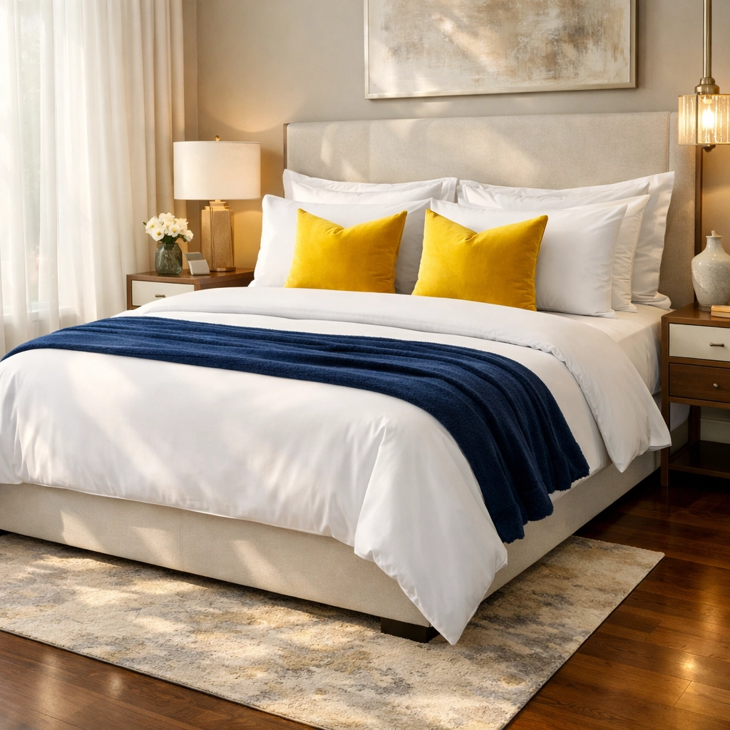 Expertly made bed and spotless floors in a Lynnfield bedroom after professional cleaning.