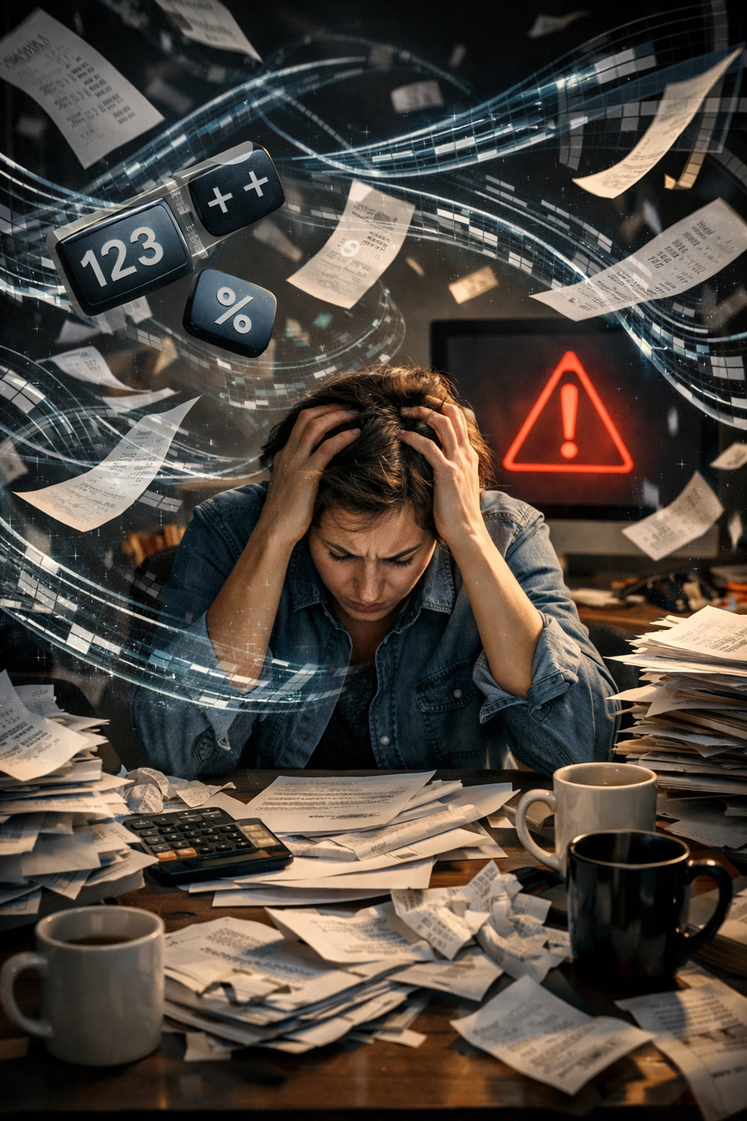 Stressed business owner struggling with disorganized receipts and DIY bookkeeping errors during tax season.