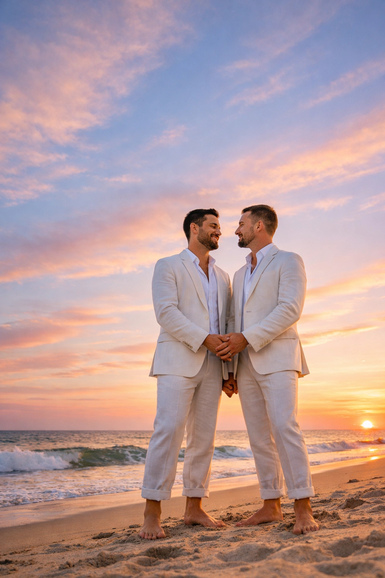 Two grooms holding hands on Provincetown beach at sunset during gay wedding celebration