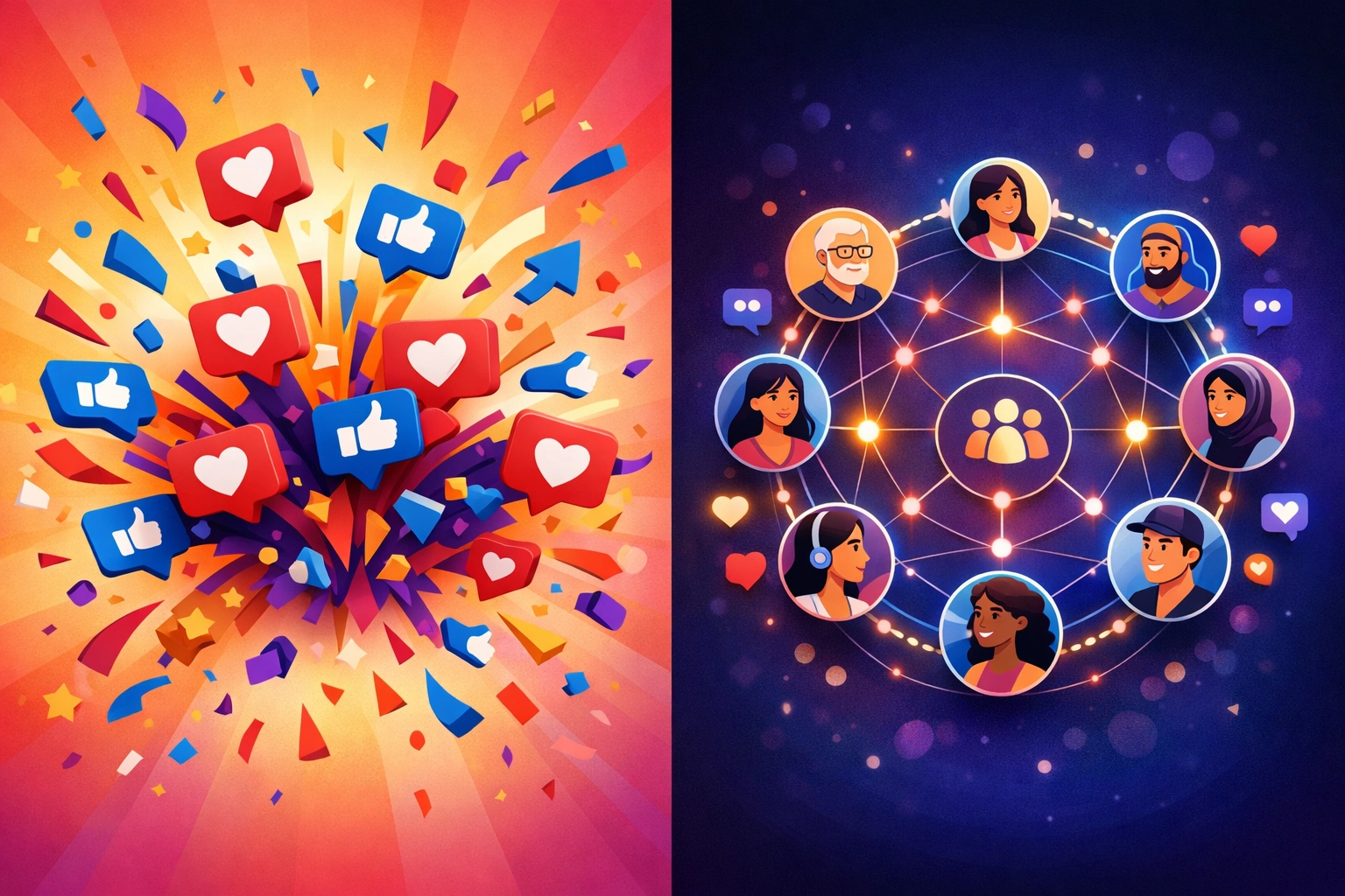 Viral social media chaos compared to organized community-building network for lead generation