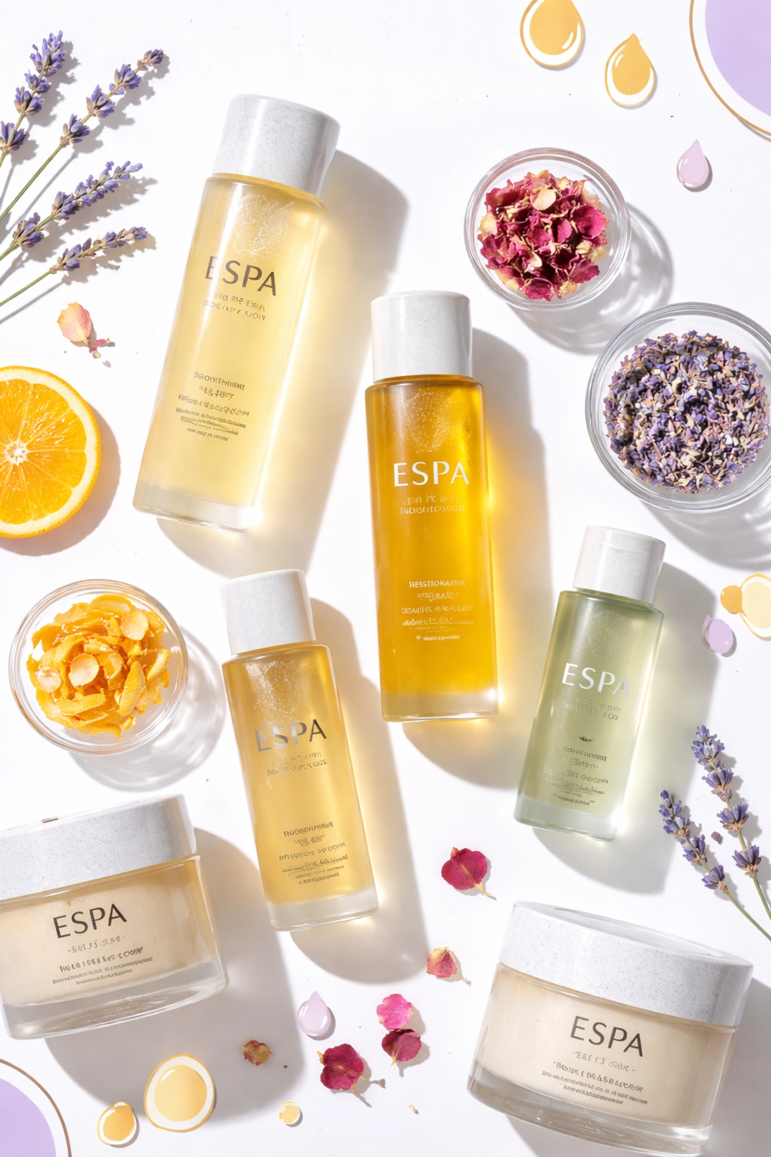 Aromatherapy bath and body oils by ESPA surrounded by dried flowers, highlighting luxury spa body care bargains