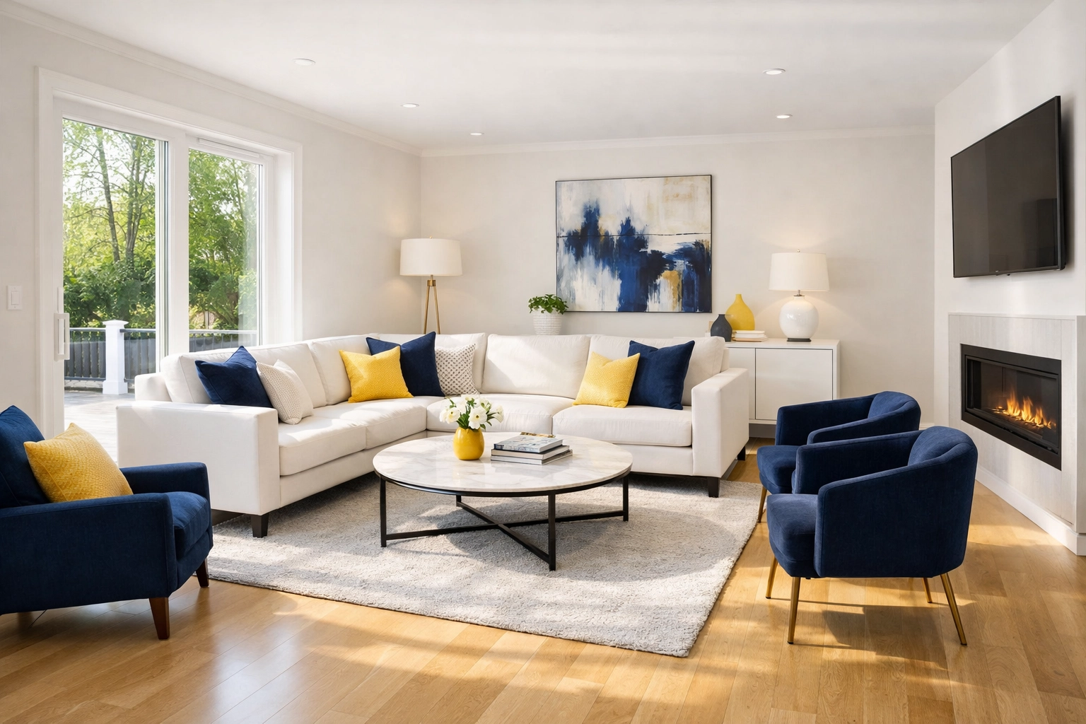 Modern Holliston living room after a professional post construction cleaning showing dust-free hardwood floors.