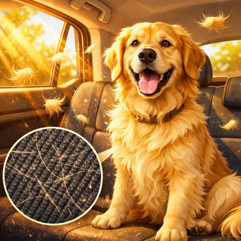 Golden retriever in car back seat with pet hair embedded in upholstery causing odors