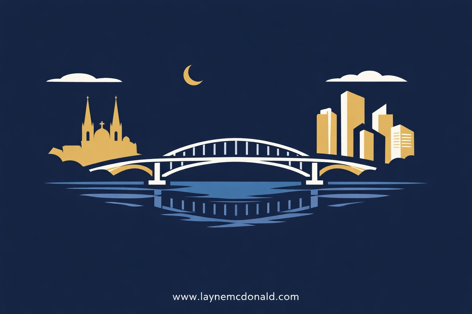 A bridge connecting a church to a city skyline, symbolizing media that reaches diverse audiences.