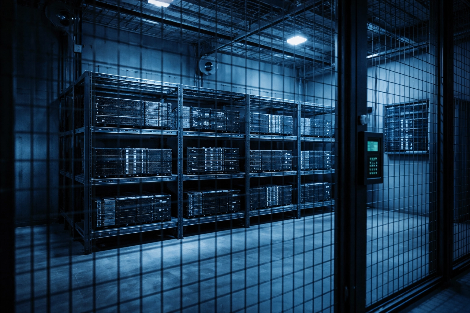 Secured data center staging area with decommissioned servers demonstrates strict chain of custody protocols for IT asset management