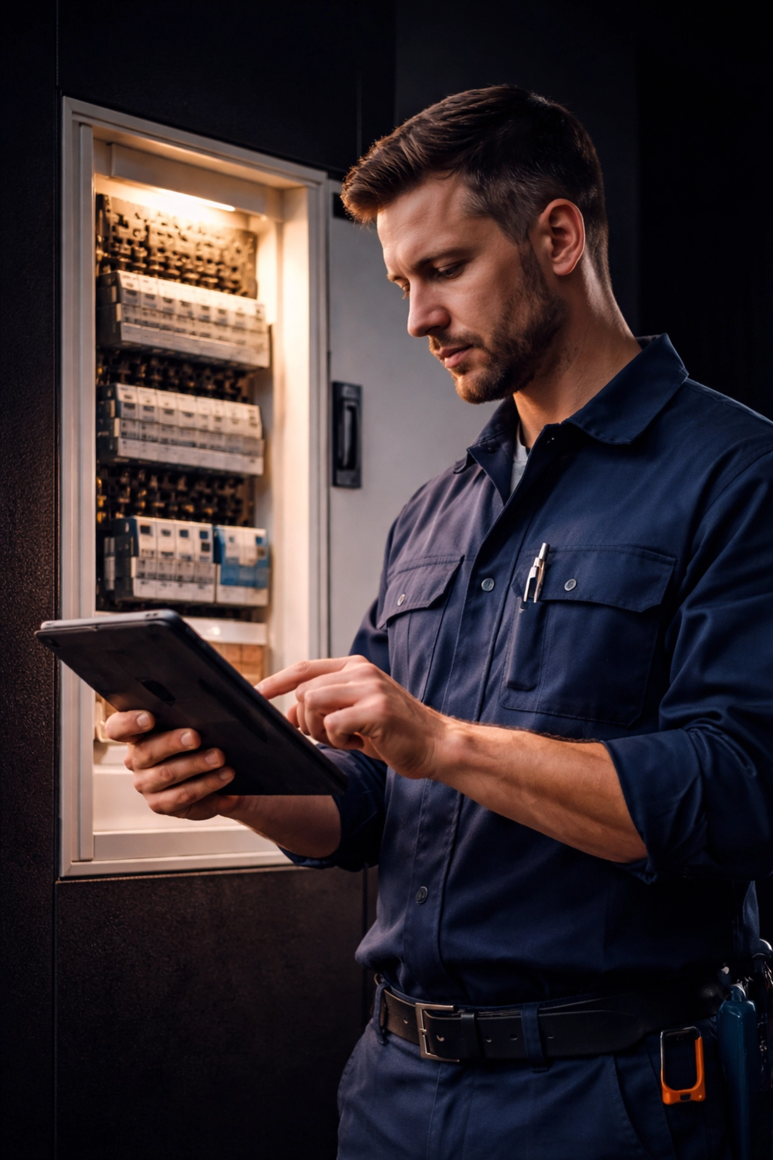 Brisbane electrician reviewing electrical panel with tablet, showcasing local expertise and modern maintenance.