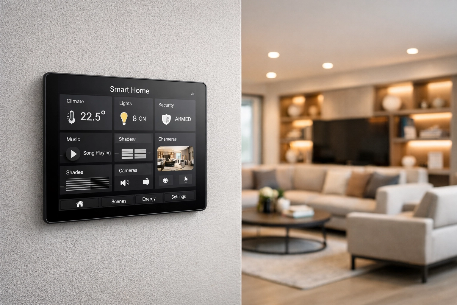 Smart home automation system integrated into a modern Orlando living room for climate and light control.