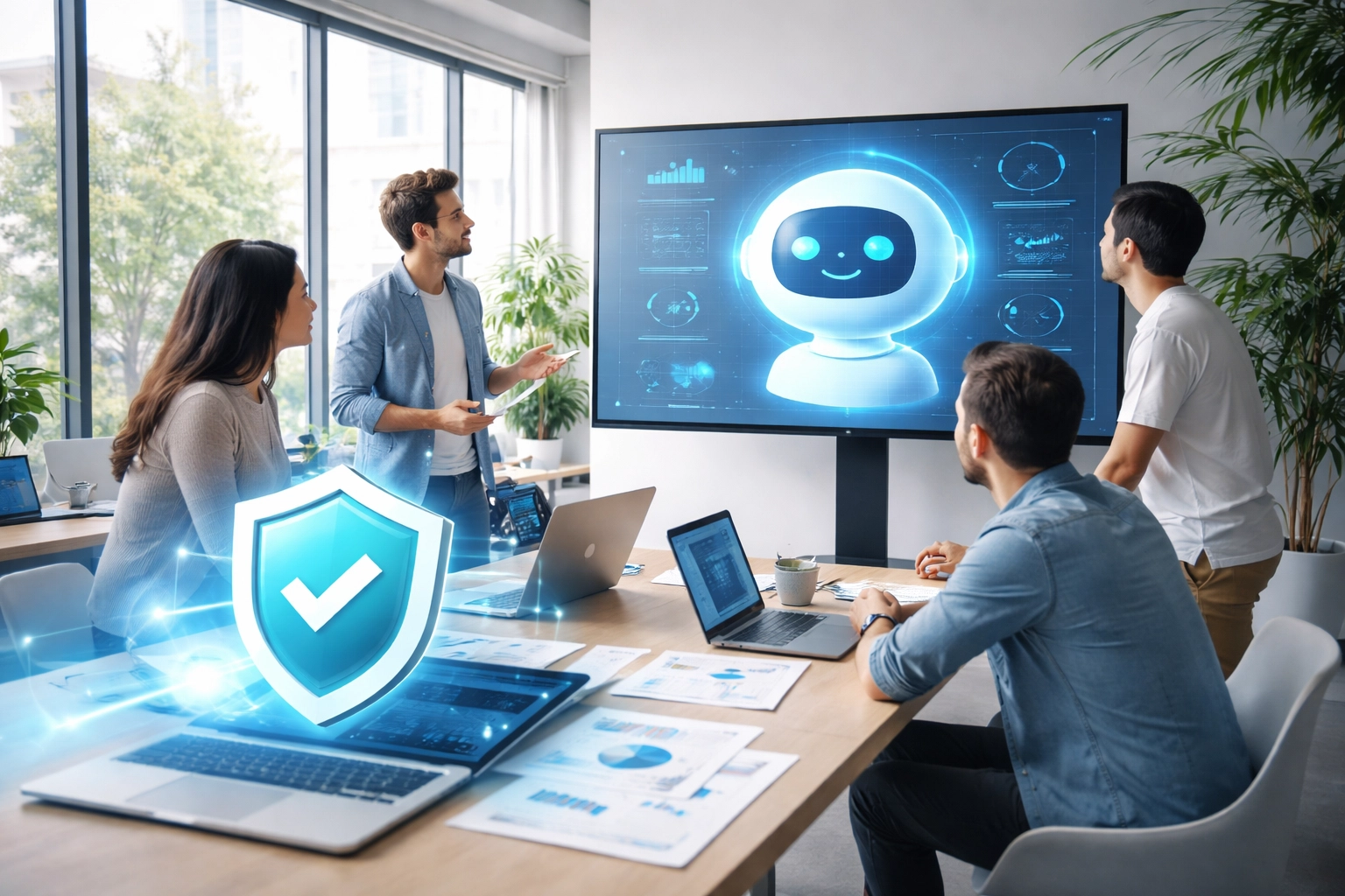 Diverse startup team collaborating in a modern office with a shield symbolizing AI protection and ISO 42001 certification