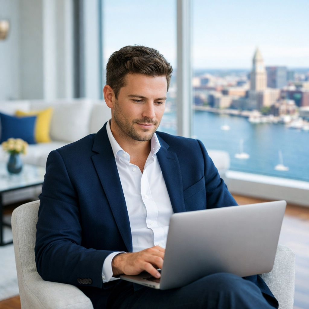 Busy professional working in a clean sunlit high-rise apartment after Apartment Cleaning Boston service.