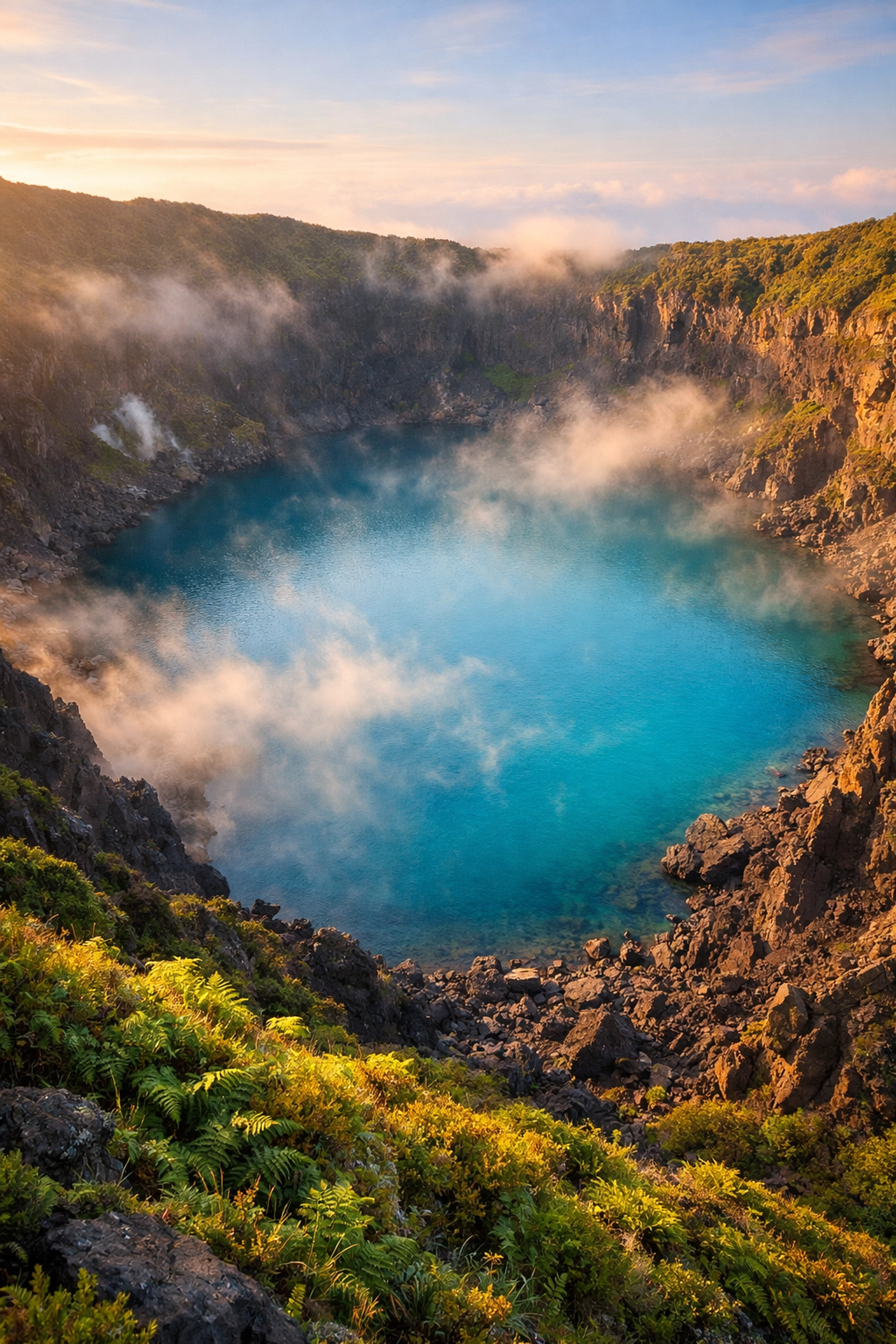 Volcanic crater lake in the Azores with turquoise water and lush green rim