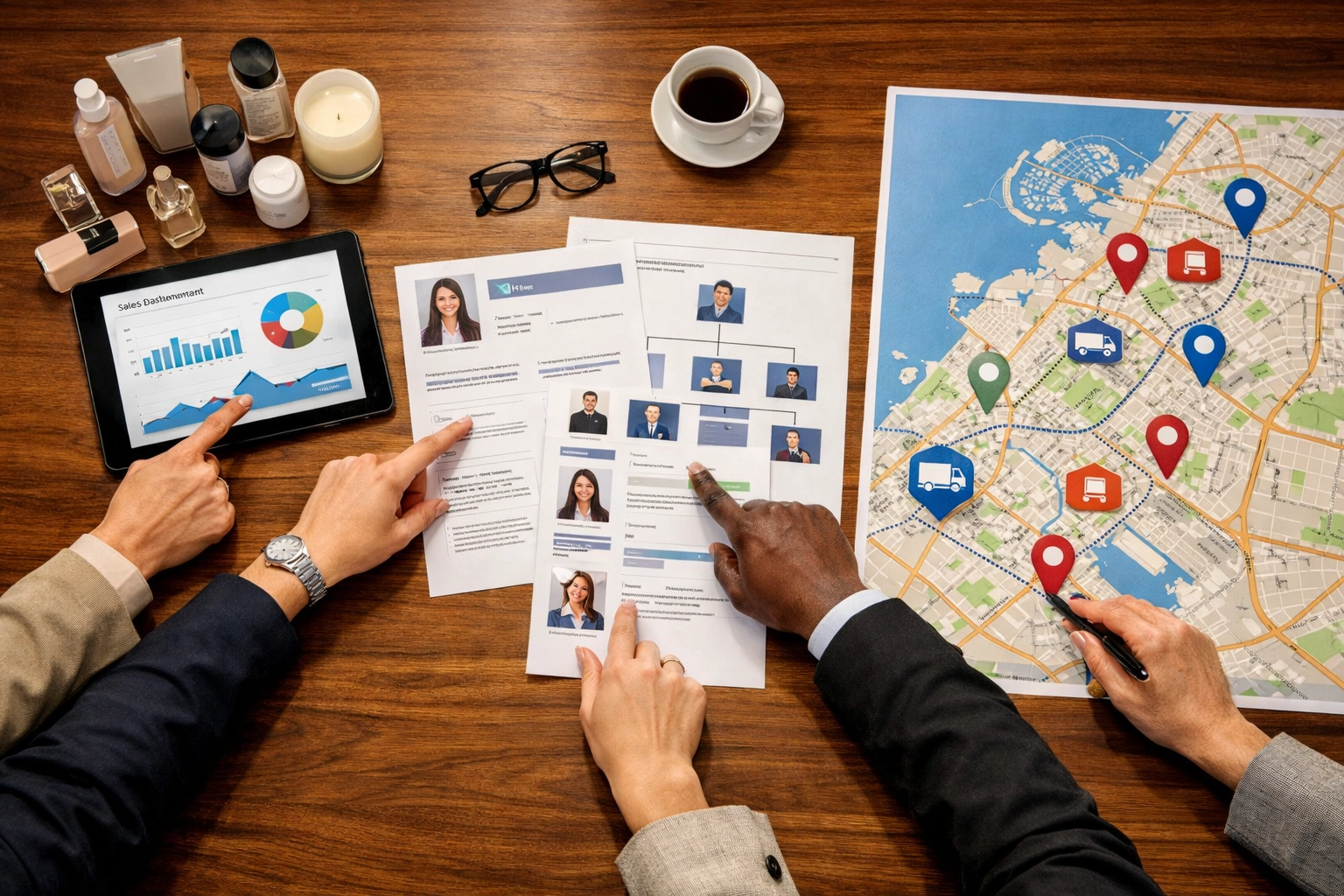 Business professionals analyzing data for retail, HR, and logistics decisions in Dubai