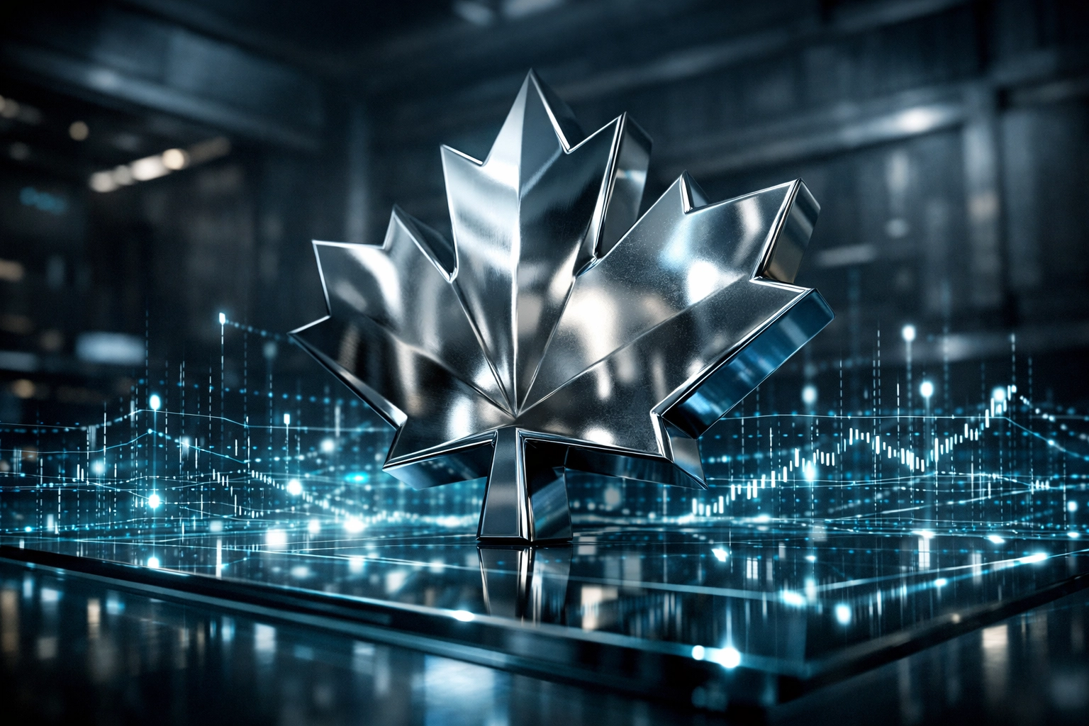 A metallic Canadian maple leaf and a digital financial grid representing complex national debt Canada fiscal data.