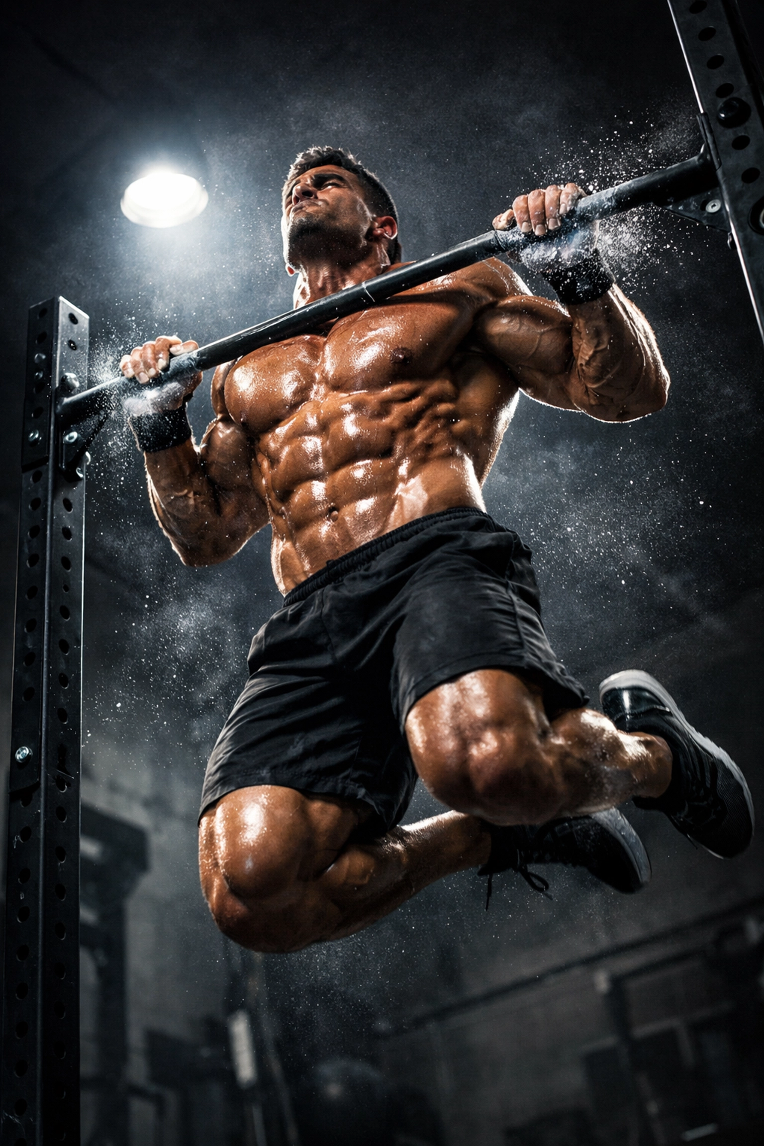 Athlete performing explosive pull-ups on a vertical rail for advanced ninja warrior training at home.