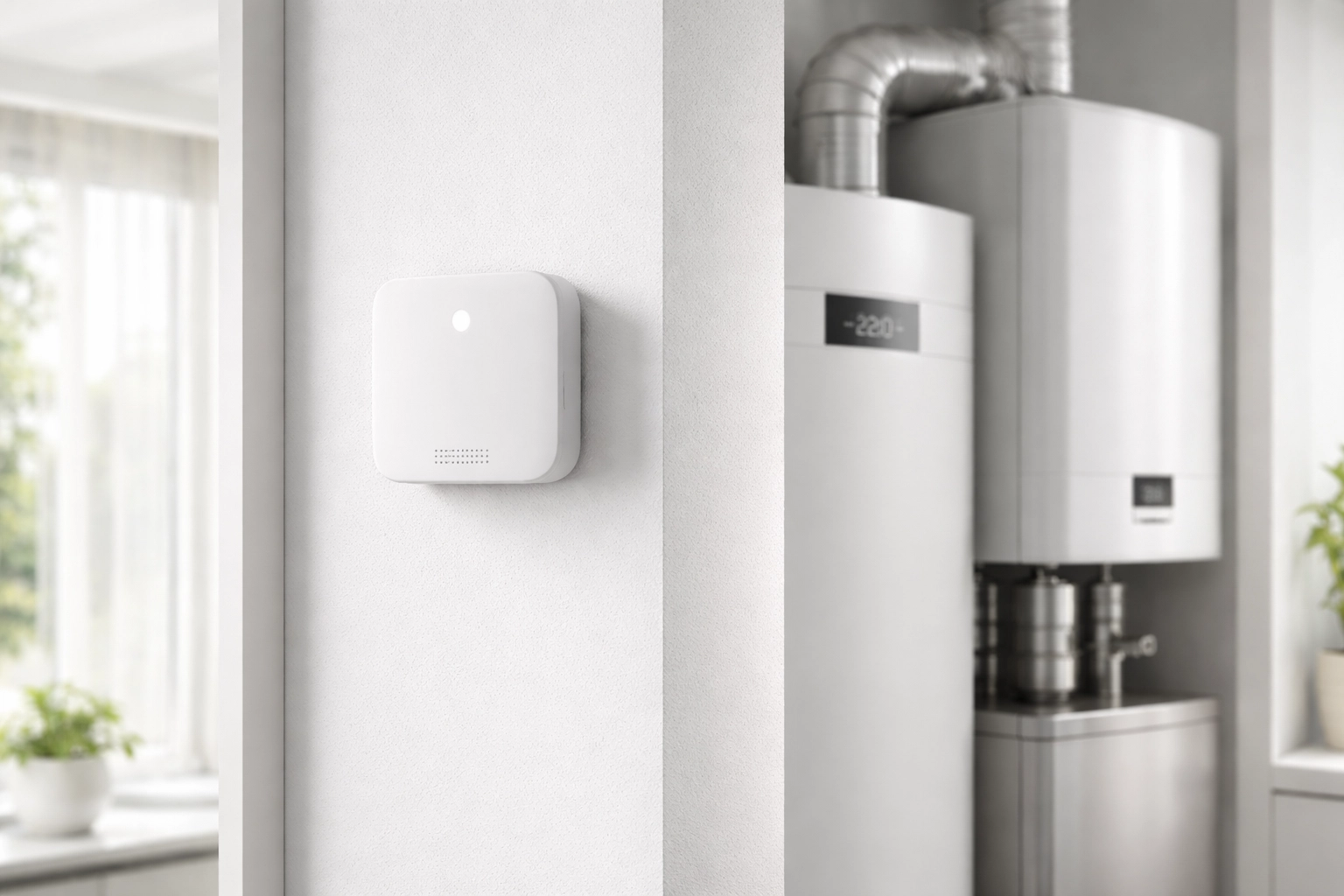 Smart home sensor on apartment wall shows AI-powered technology for predictive property maintenance.