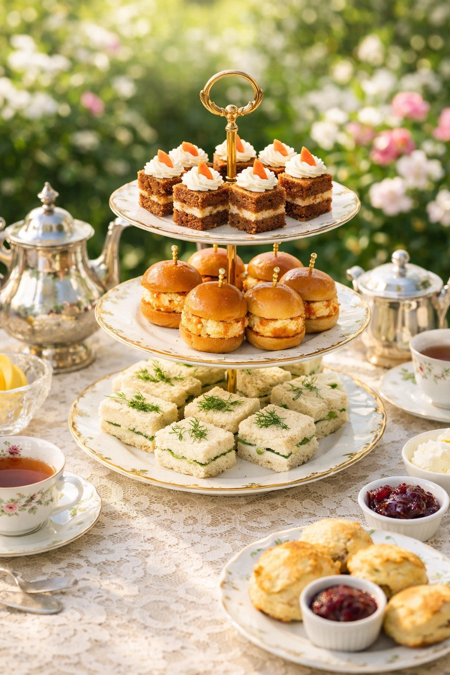 Tiered stand with pimento cheese sandwiches and carrot cake for a spring southern catering social.