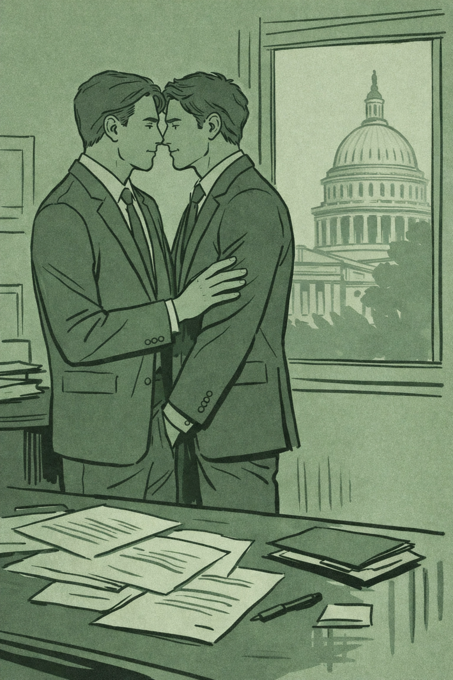Two men in suits share intimate moment in Washington DC policy office - MM political romance illustration