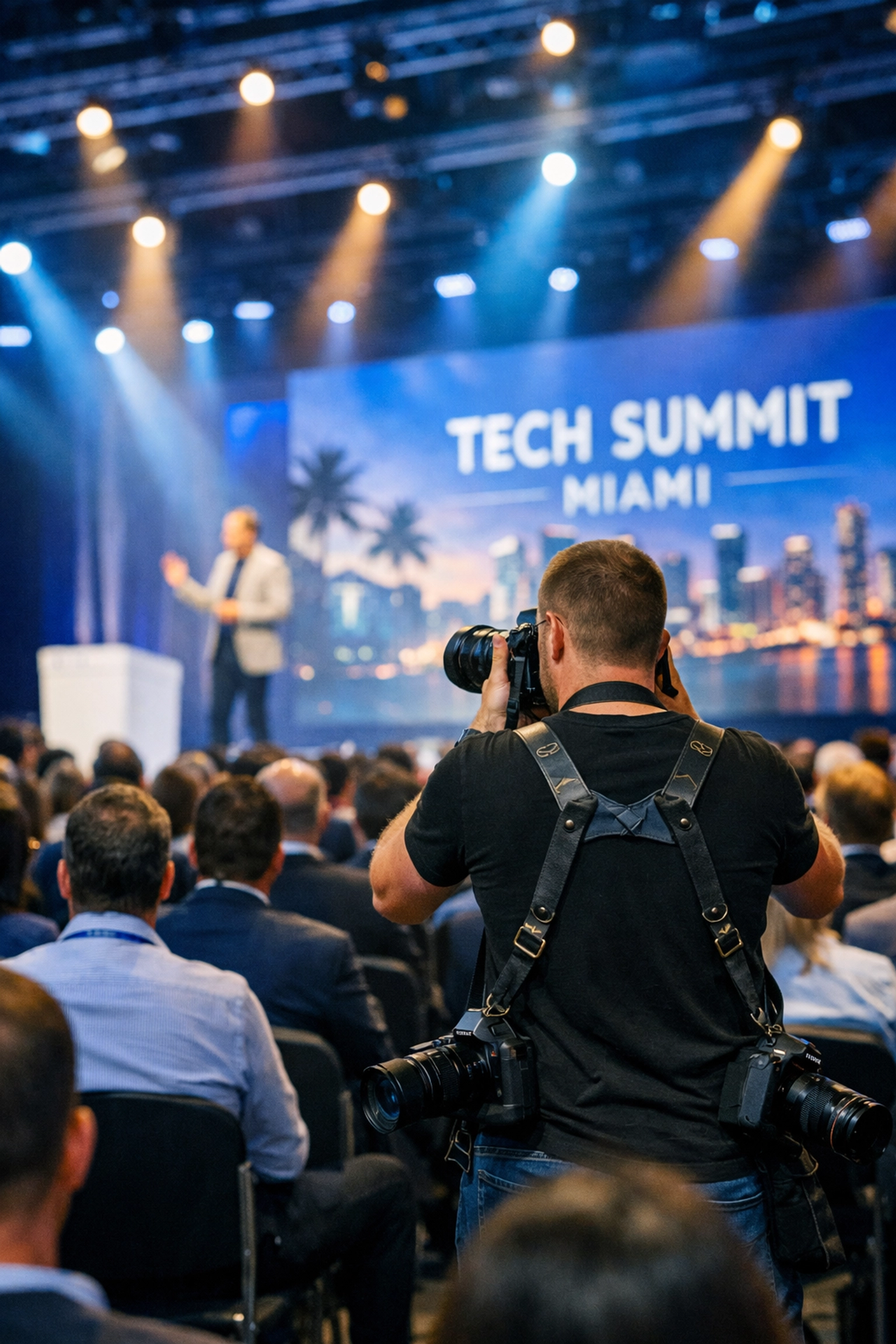 Corporate event photographer Miami capturing a keynote speaker at a high-end tech conference.