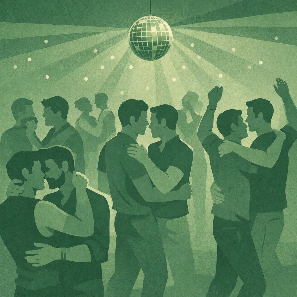 Male couples dancing at Schwuz gay nightclub in Berlin under mirror ball