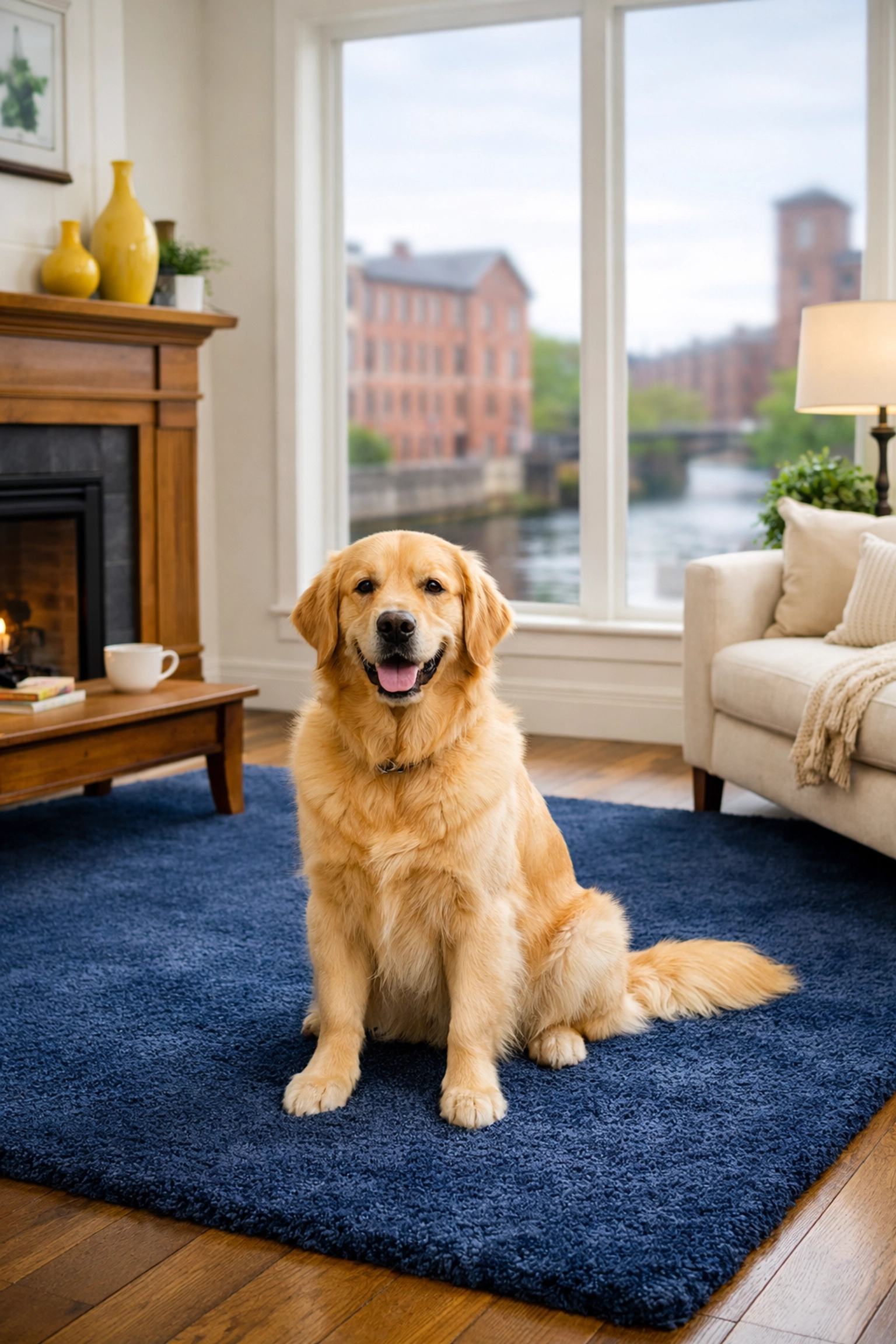 Spotless living room with dog and clean rug from top-rated maid services Lowell providers.