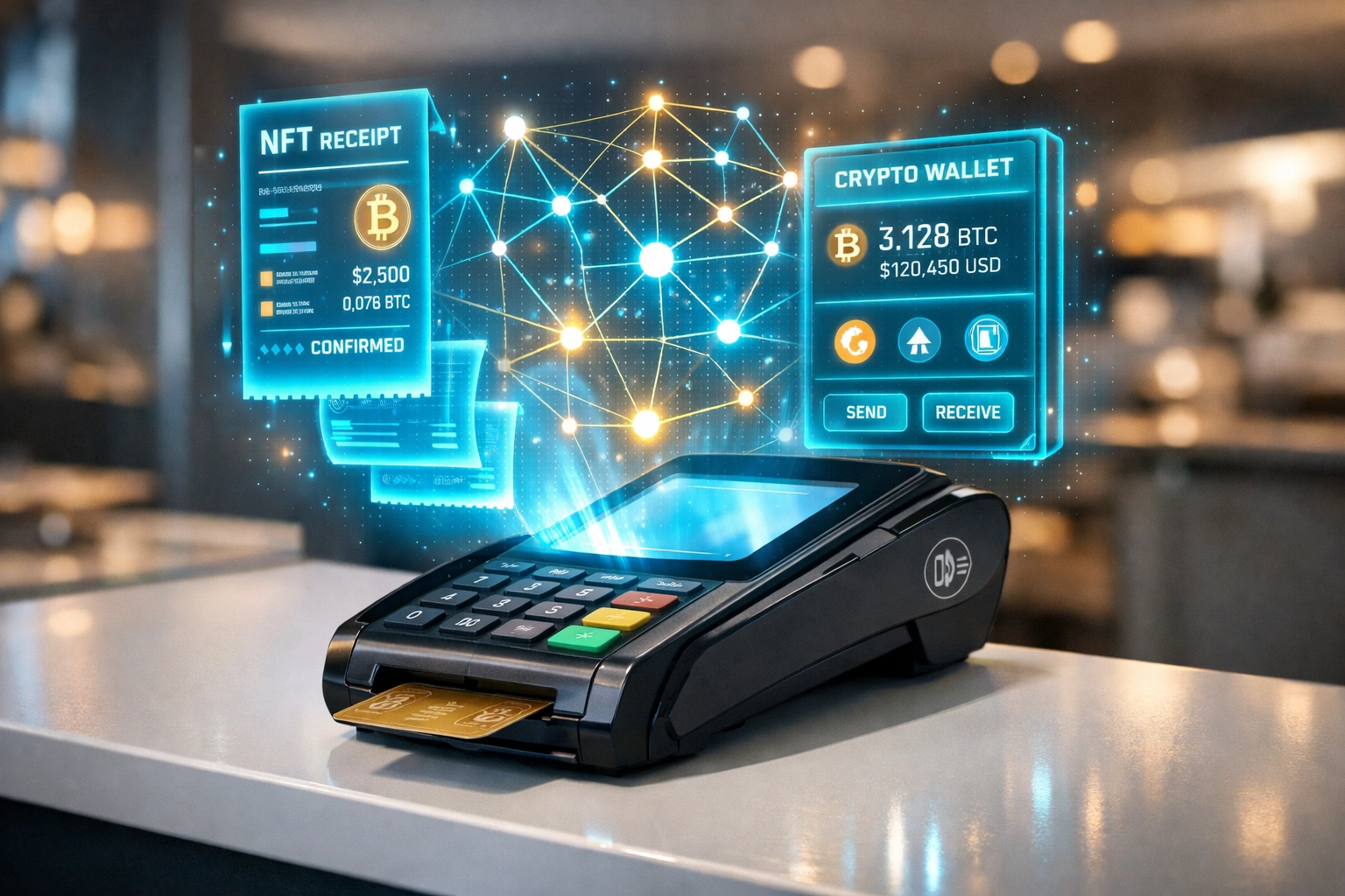 Modern crypto POS system displaying NFT receipts and blockchain transaction data for merchants